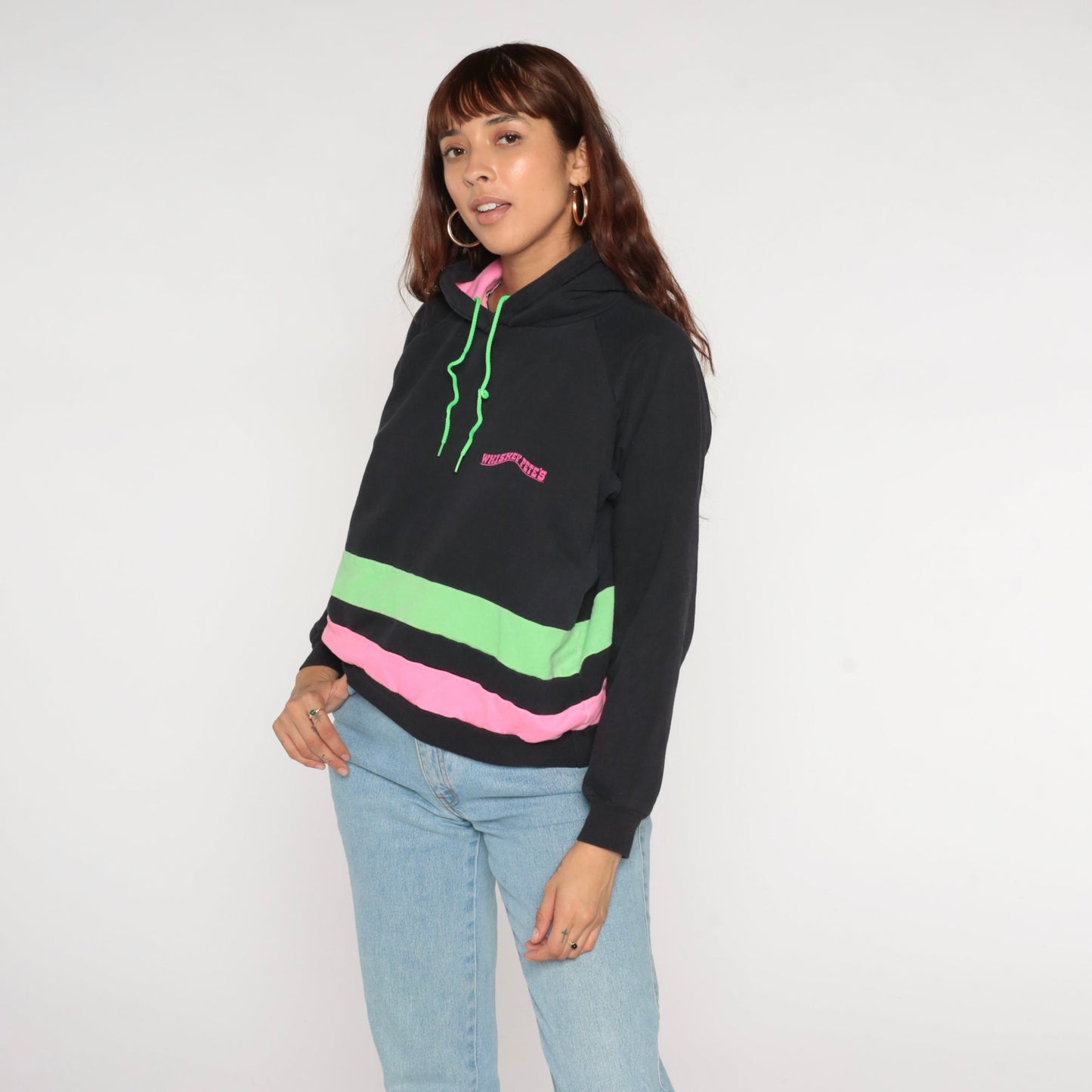 90s Whiskey Pete's Neon Striped Hoodie Black Pink Green Medium