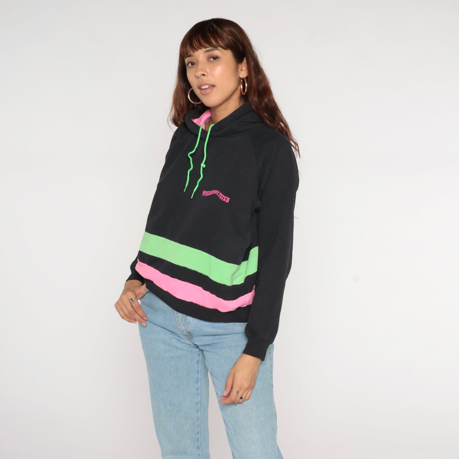 90s Whiskey Pete's Neon Striped Hoodie Black Pink Green Medium