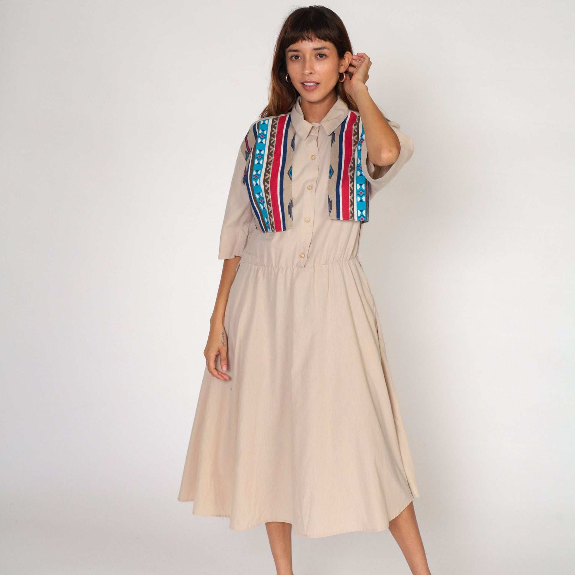 90s Southwestern Tan Midi Dress Button-Up High Waisted Pockets Large L