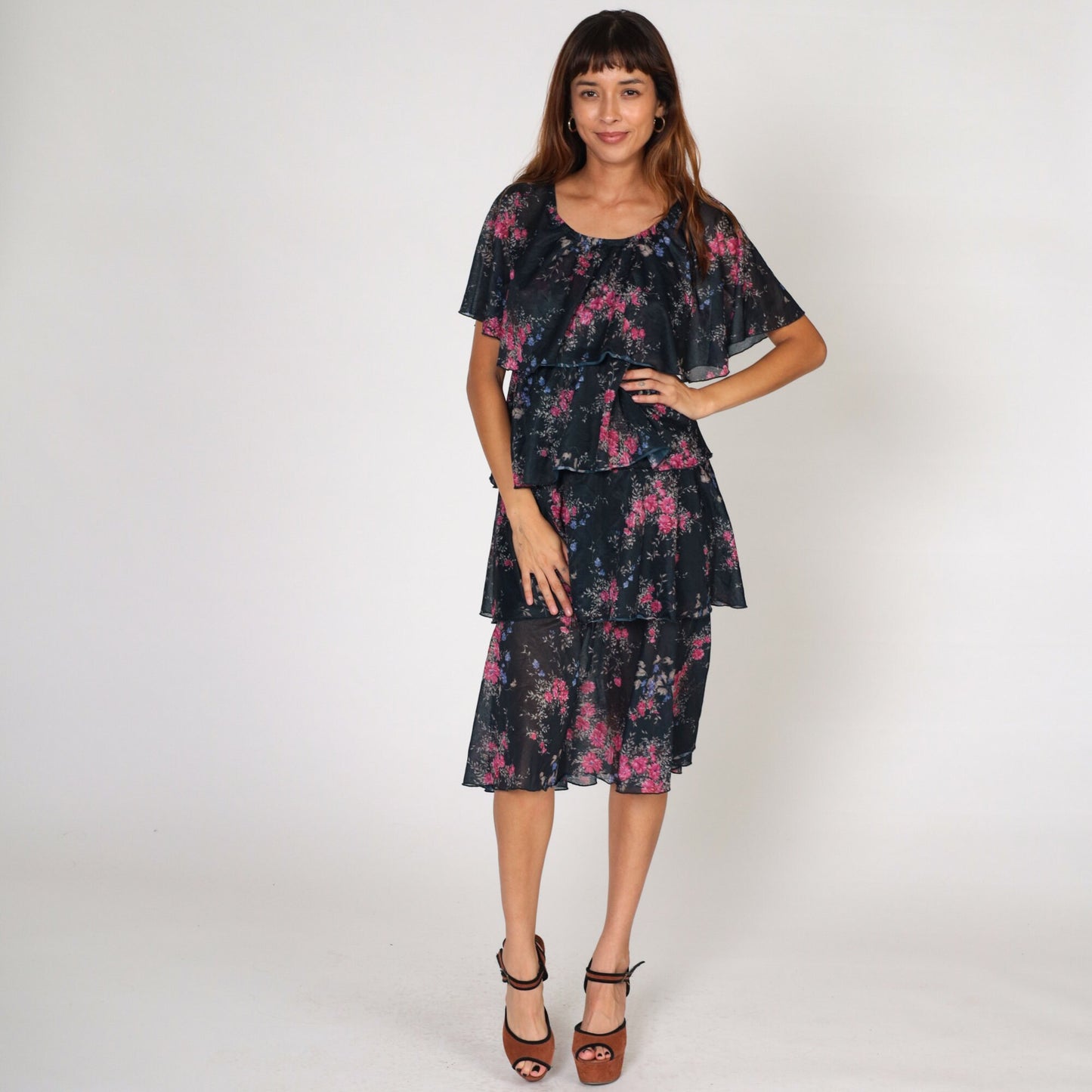 70s Black Floral Tiered Midi Dress Cape Flutter Sleeve Medium Large