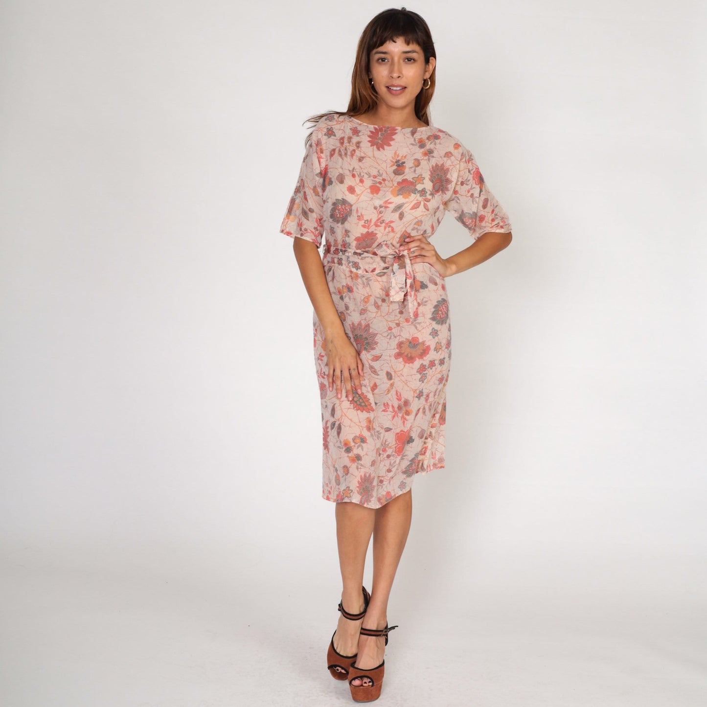 70s Pink Floral Midi Dress High Waisted Cotton Keyhole Back Small