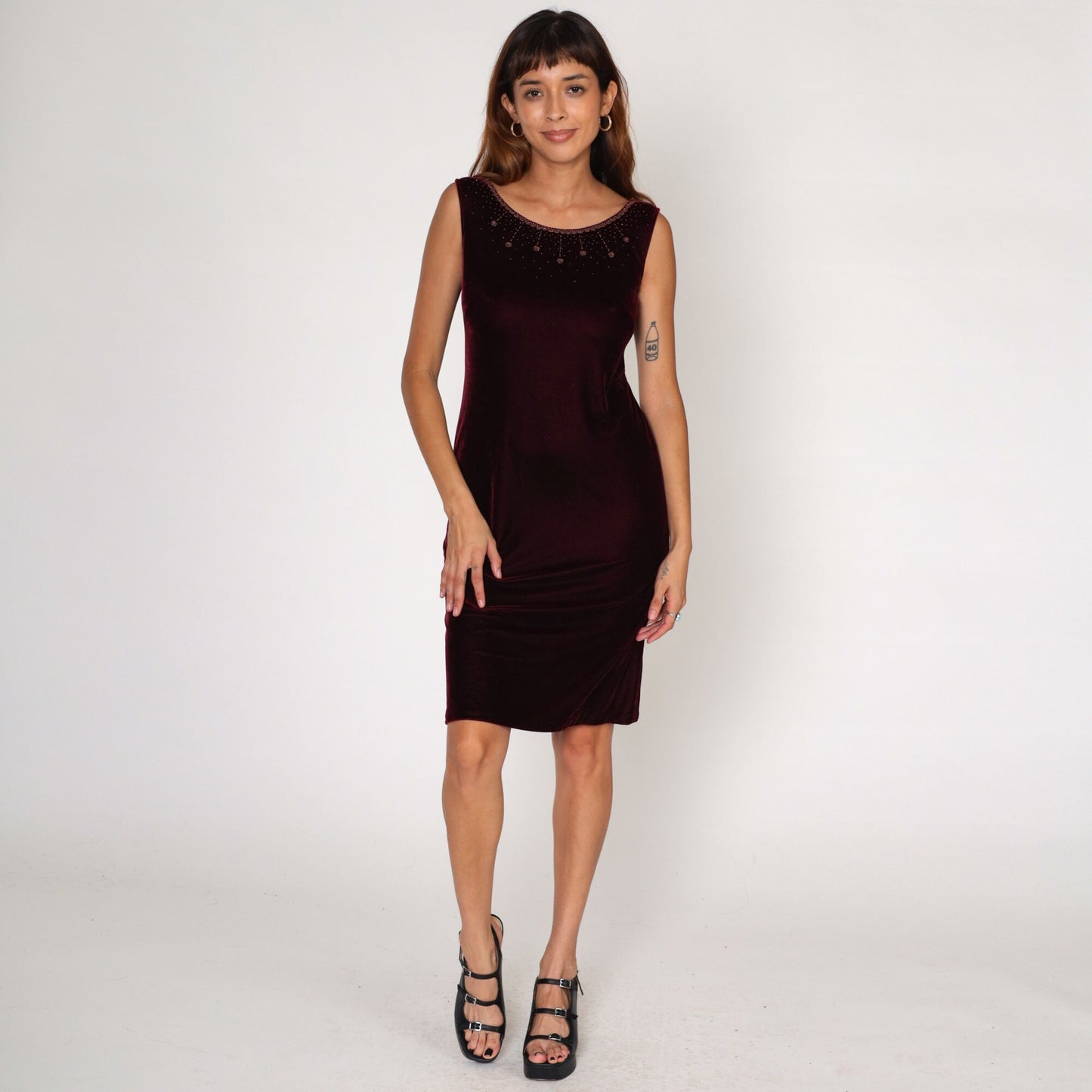 90s Burgundy Velvet Mini Dress Beaded Neckline Sleeveless Sheath Small S