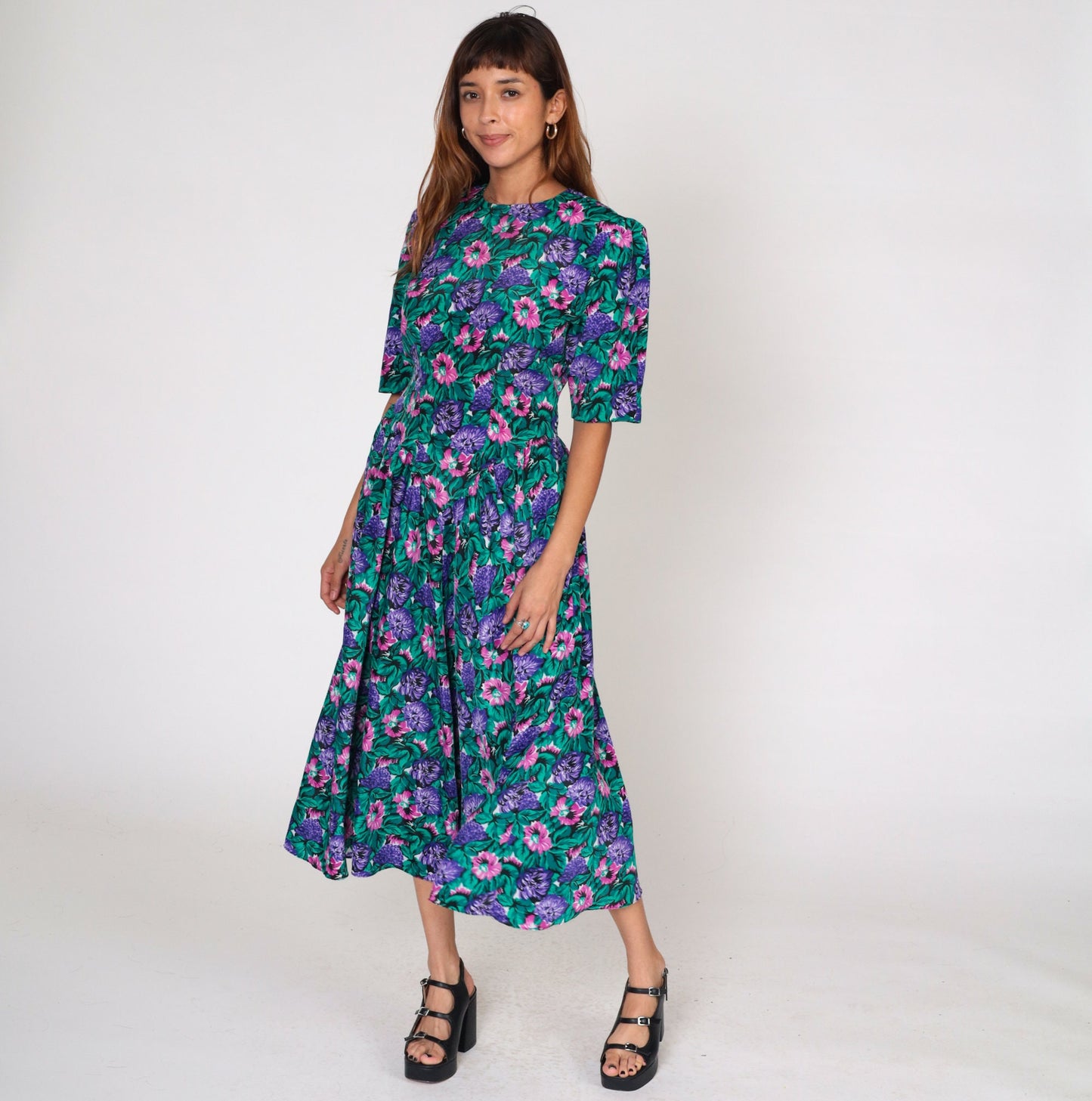 80s Floral Midi Dress Puff Sleeve Basque Waist Pink Purple Green Small