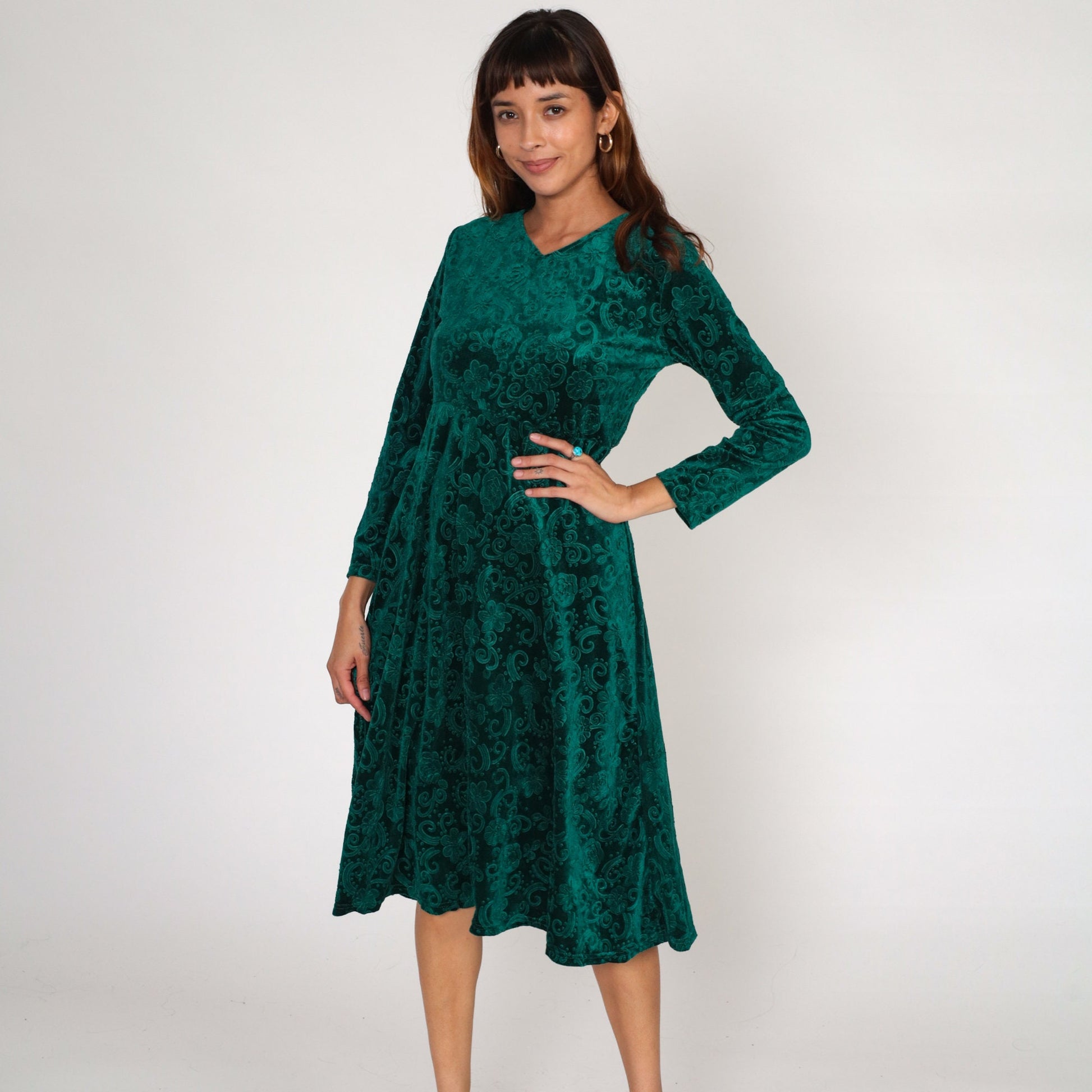 90s Green Floral Velvet Mini Dress Empire Waist Long Sleeve Medium Large