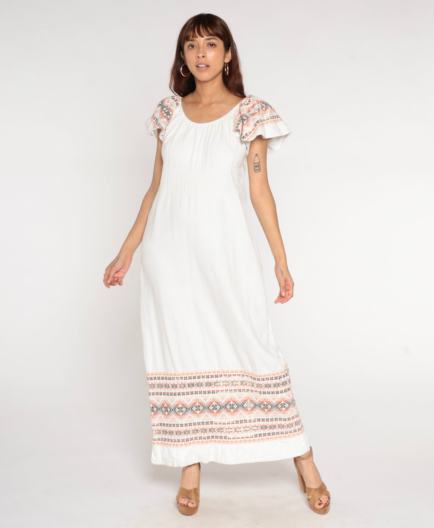 90s White Cotton Maxi Dress Aztec Embroidery Off-Shoulder Flutter Sleeve Medium