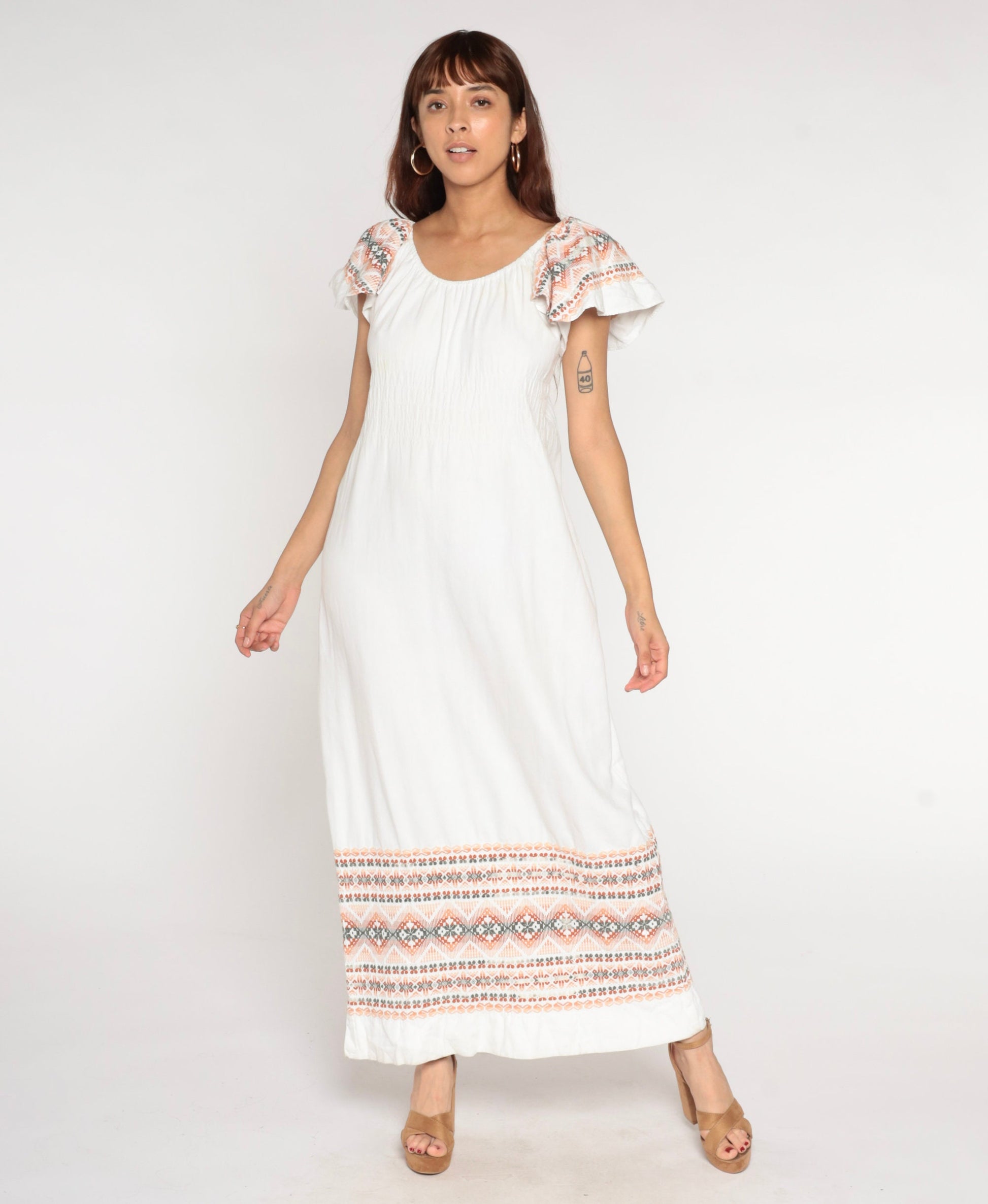90s White Cotton Maxi Dress Aztec Embroidery Off-Shoulder Flutter Sleeve Medium