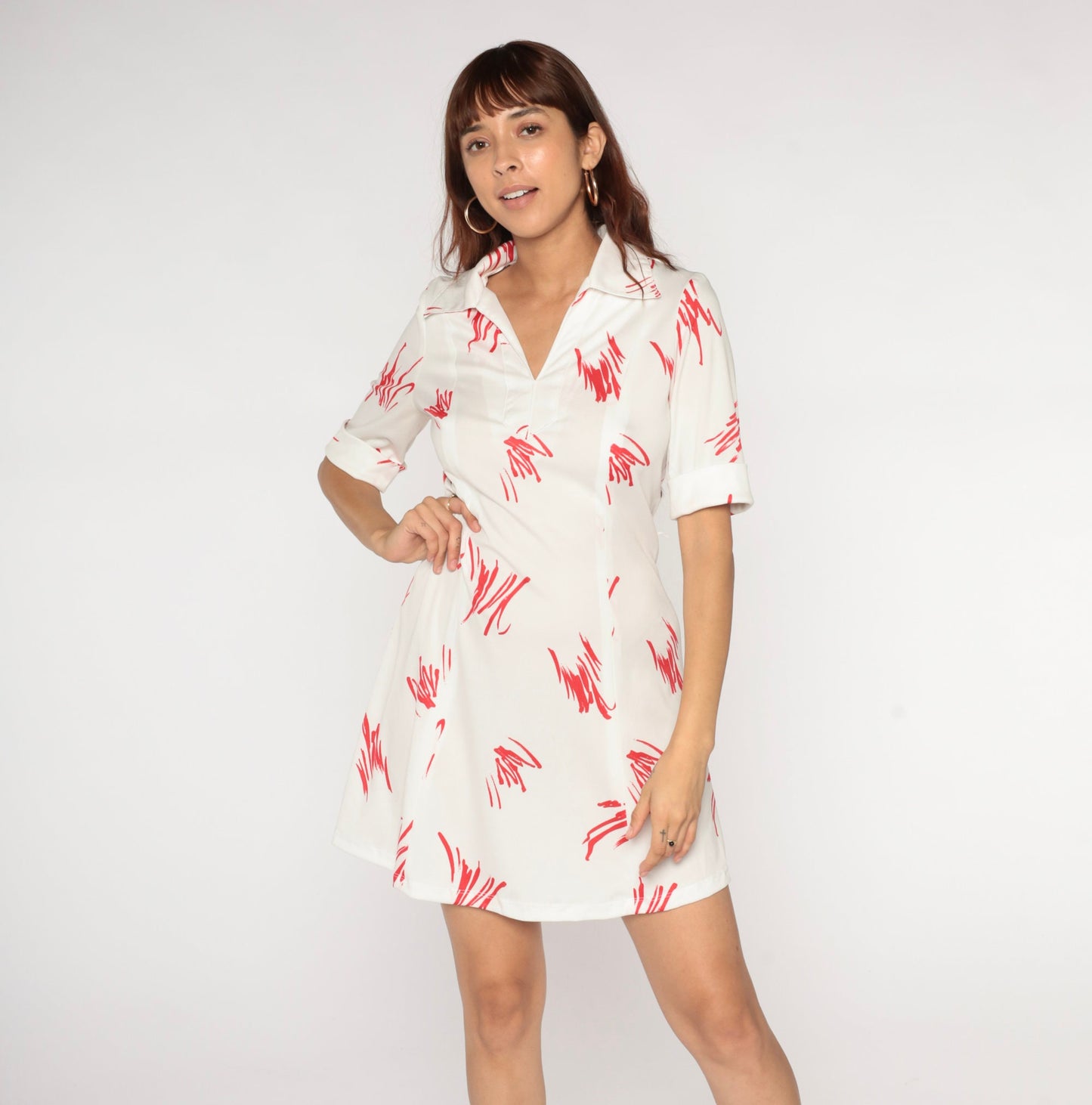 70s Mini Dress White Red Brushstroke Shift V-Neck Short Sleeve Small S
