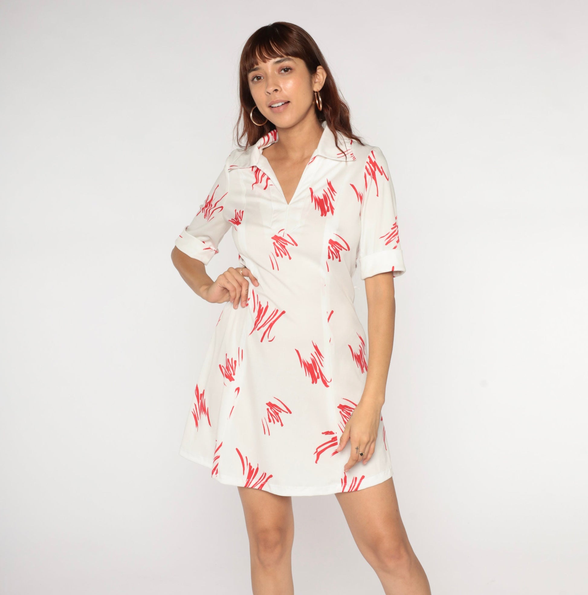 70s Mini Dress White Red Brushstroke Shift V-Neck Short Sleeve Small S