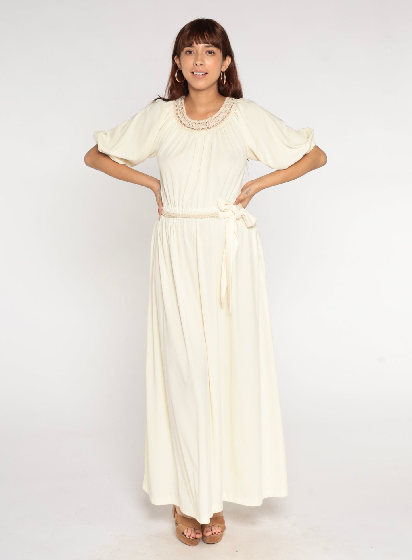 70s Cream Maxi Dress Crochet Trim High Waist Blouson Small