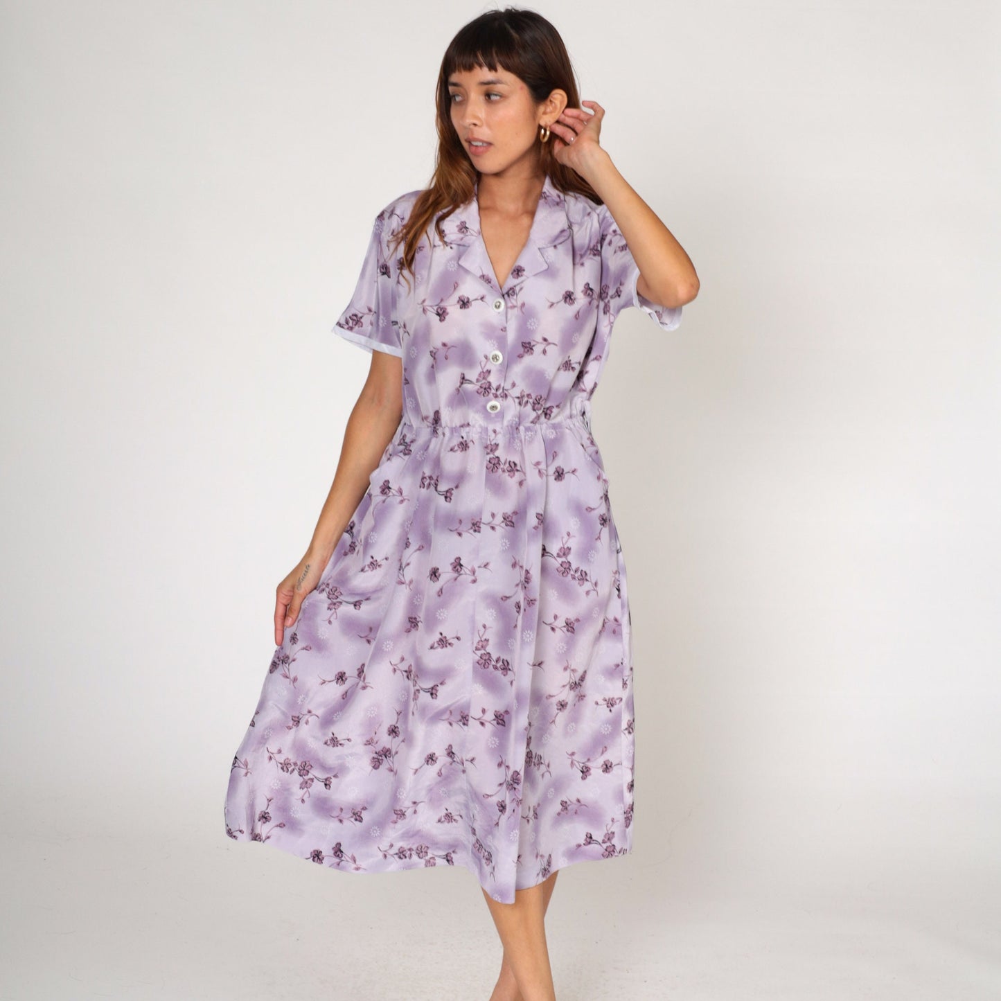 80s Purple Floral Midi Shirtdress High Waist Button Front Short Sleeve Medium Large