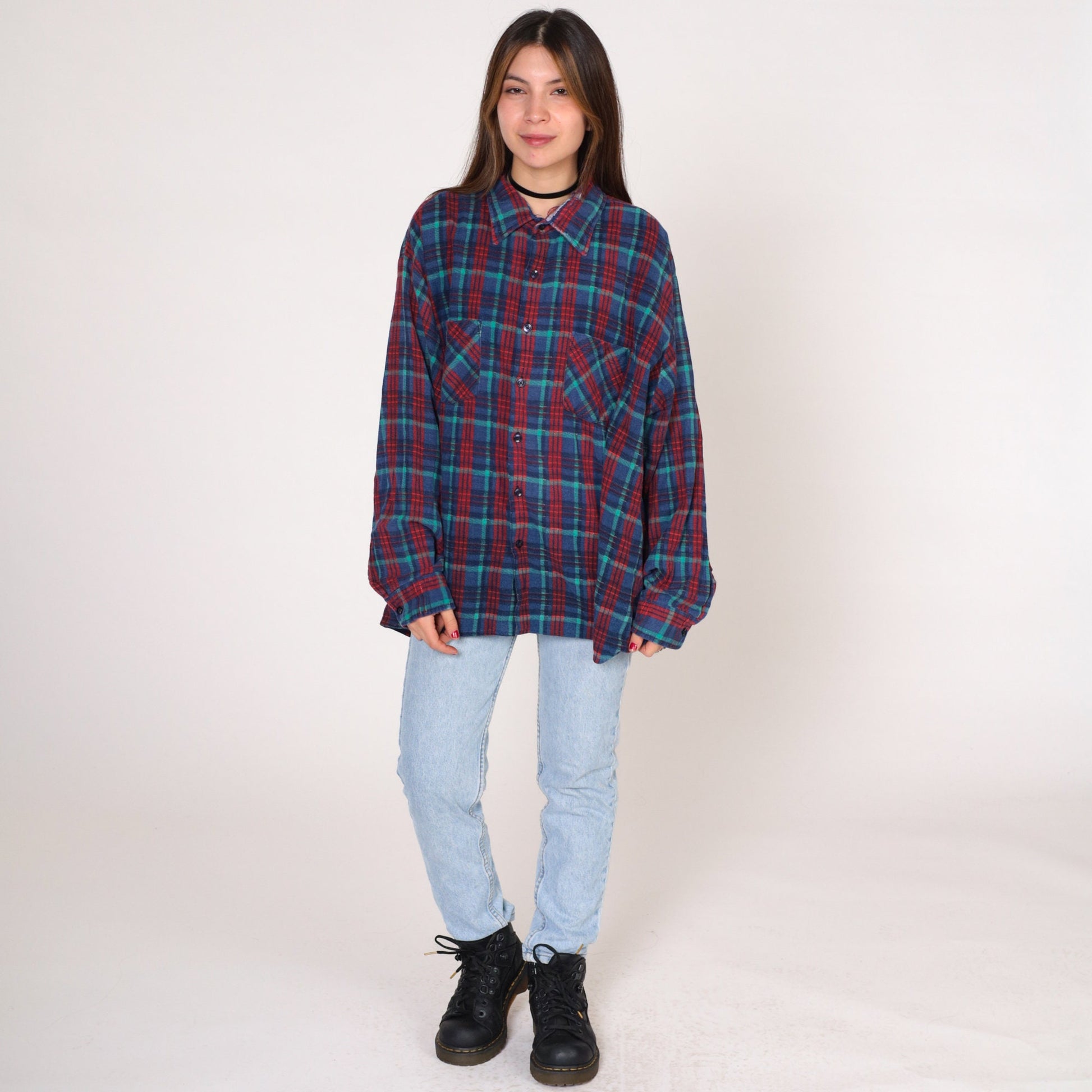 90s Saugatuck Dry Goods Flannel Shirt Blue Red Plaid Cotton Button Up Extra Extra Large XXL