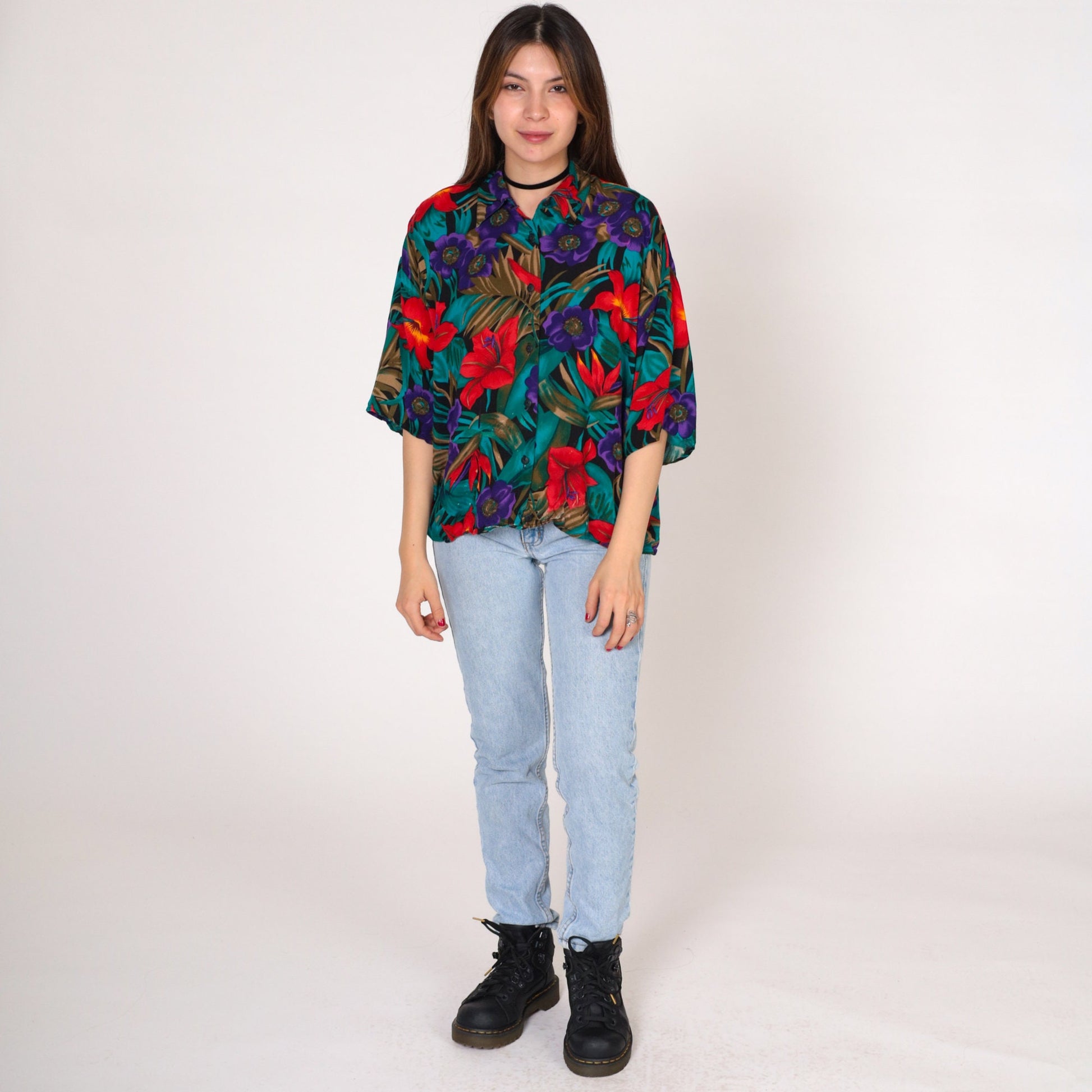 90s Avanti Tropical Floral Hibiscus Button-Up Shirt Purple Red Blue Large L