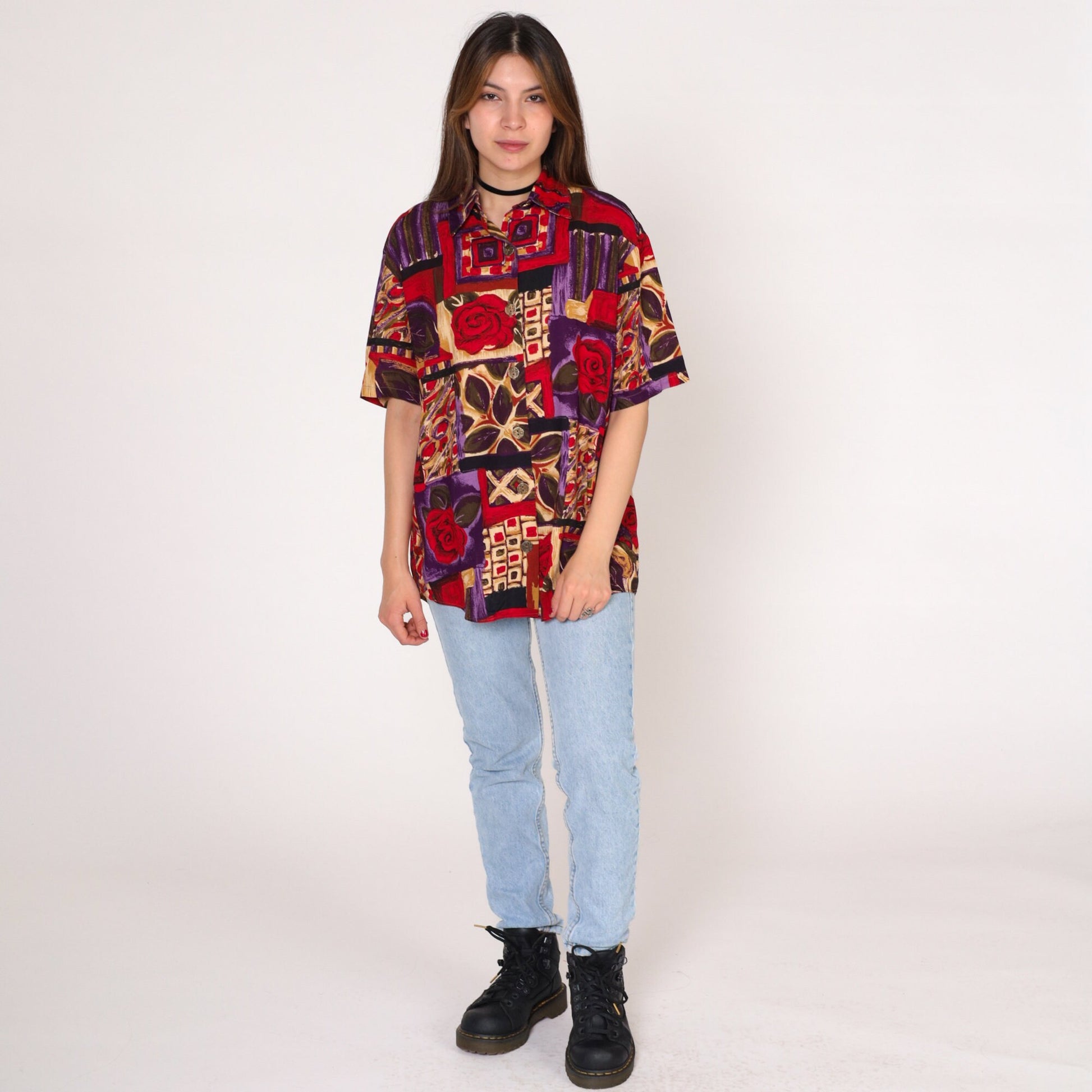 90s Jessica Scott Floral Button-Up Blouse Short Sleeve Rose Print Red Purple Medium