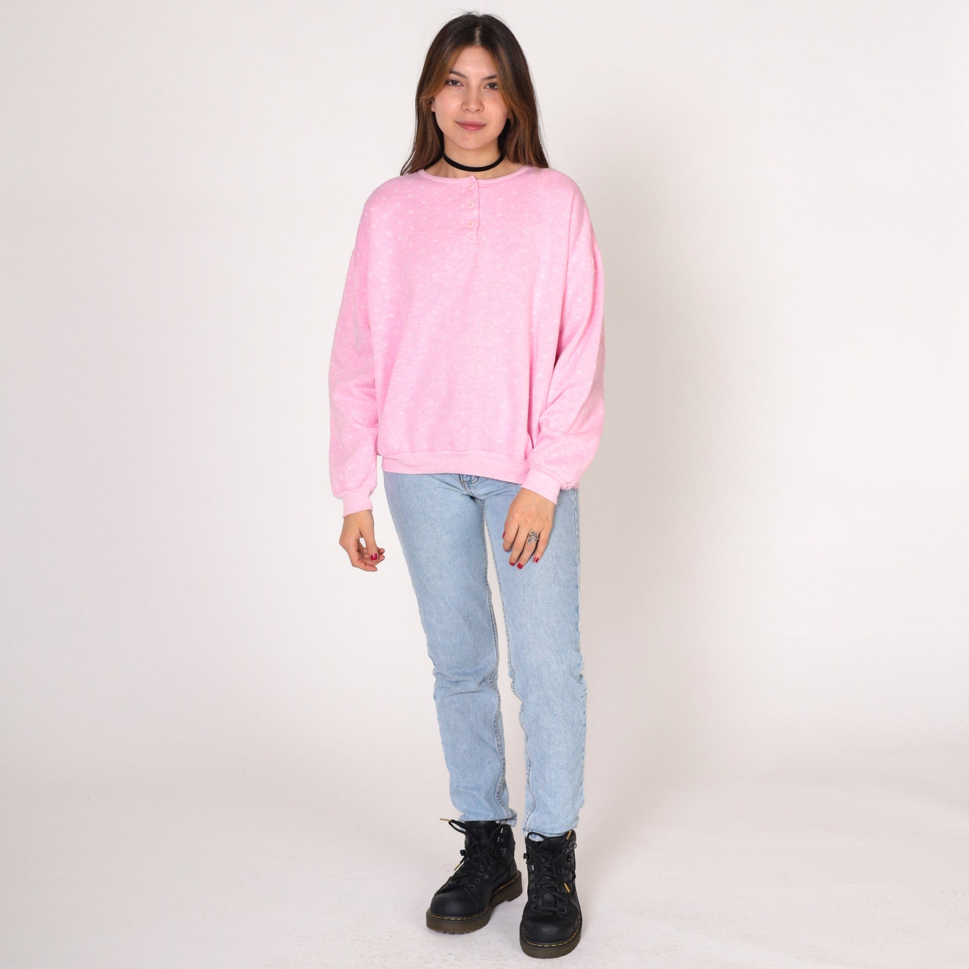 90s Polka Dot Henley Sweatshirt Pink White Quarter Button Long Sleeve Large L