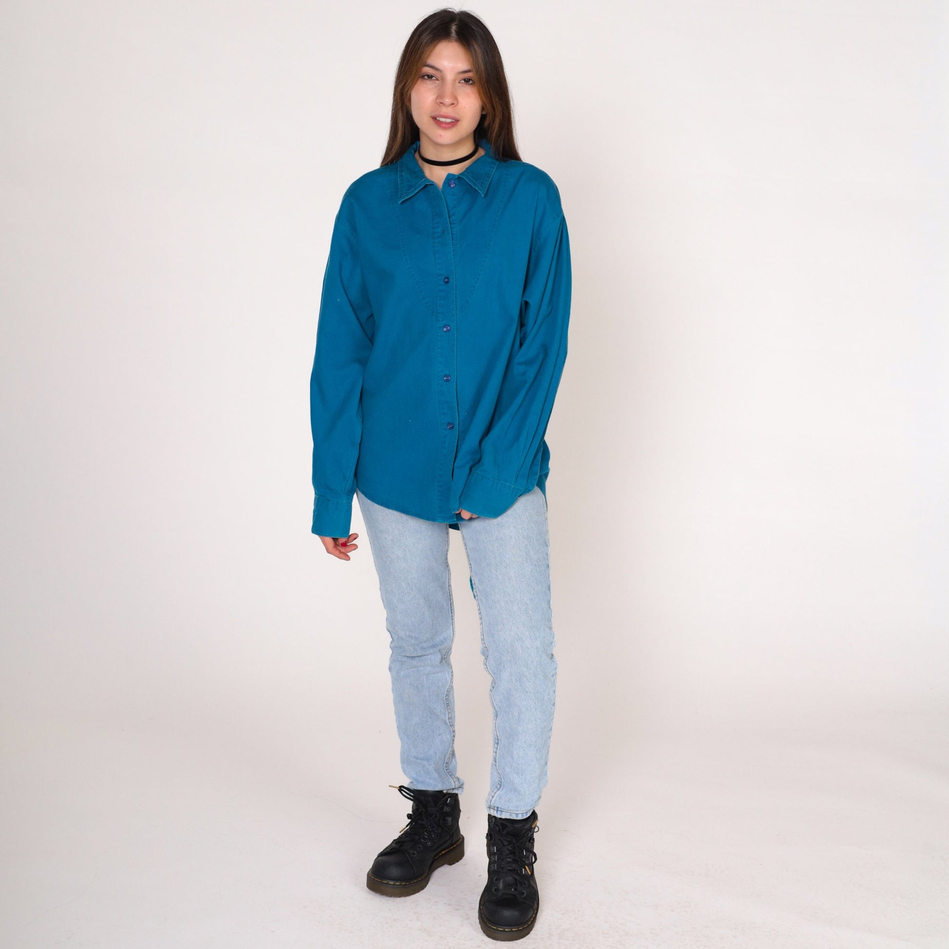 90s Wrangler Blue Western Blouse Lace-Up Back Button-Up Long Sleeve Medium