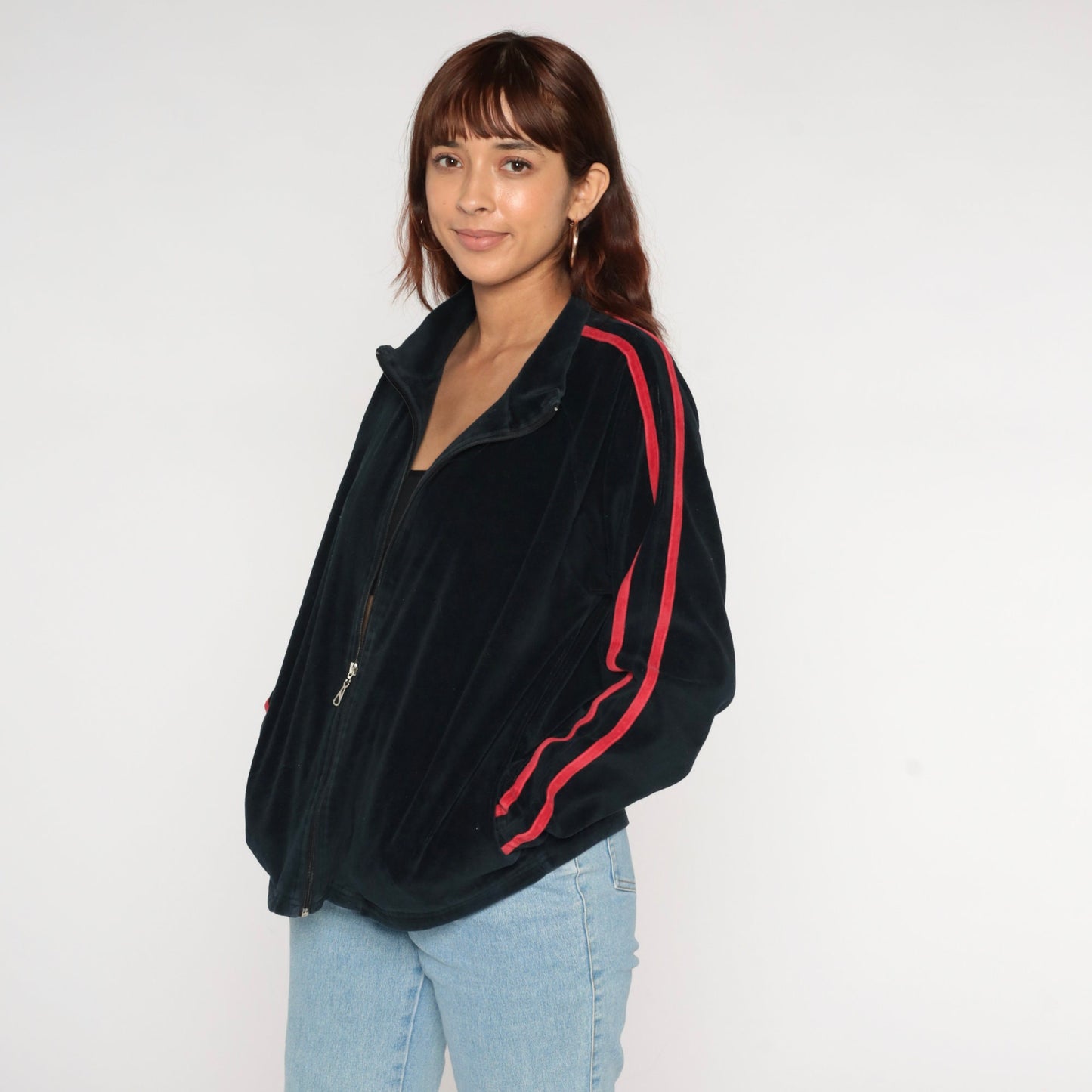 Y2K Black Velour Track Jacket Red Stripes Zip Up Medium