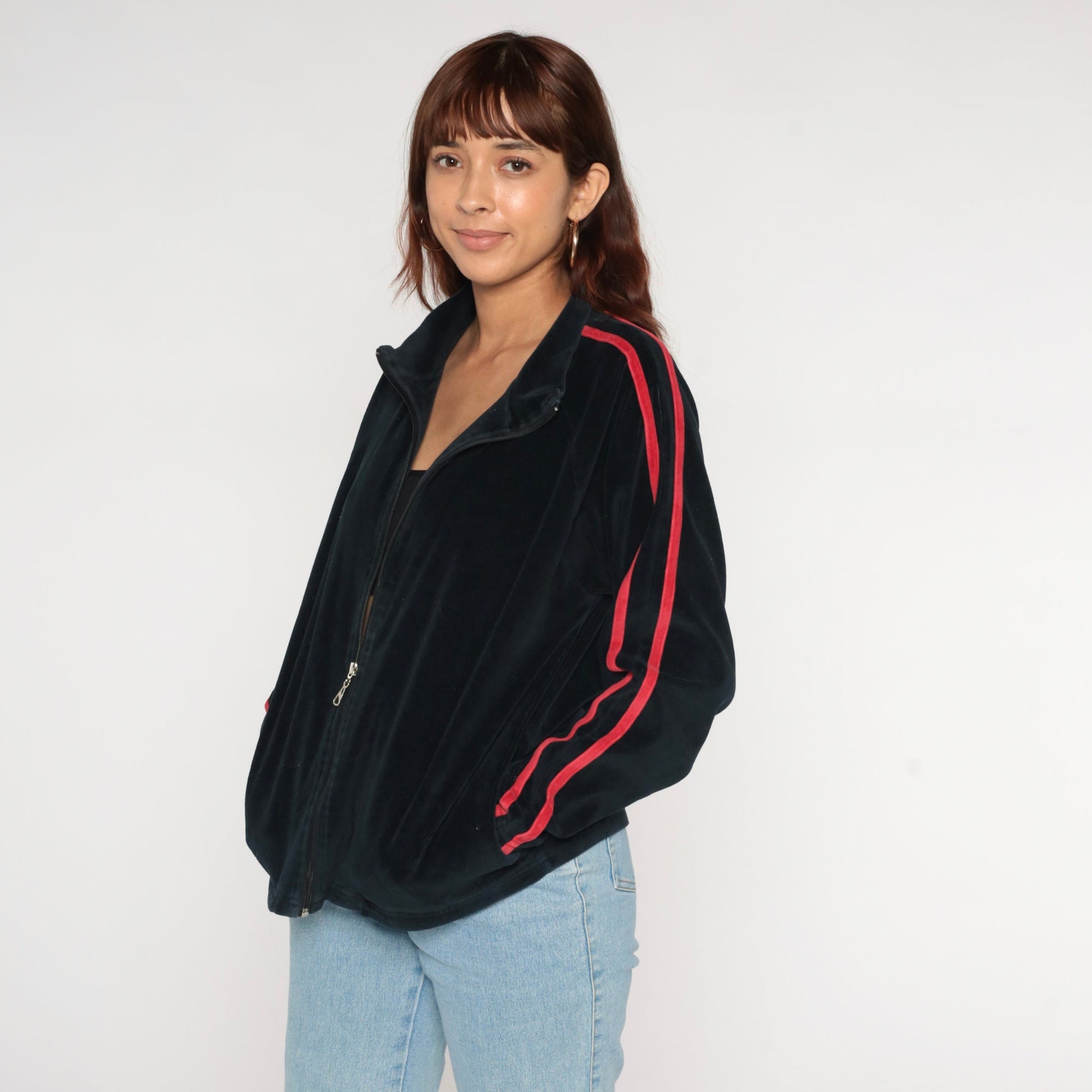 Y2K Black Velour Track Jacket Red Stripes Zip Up Medium