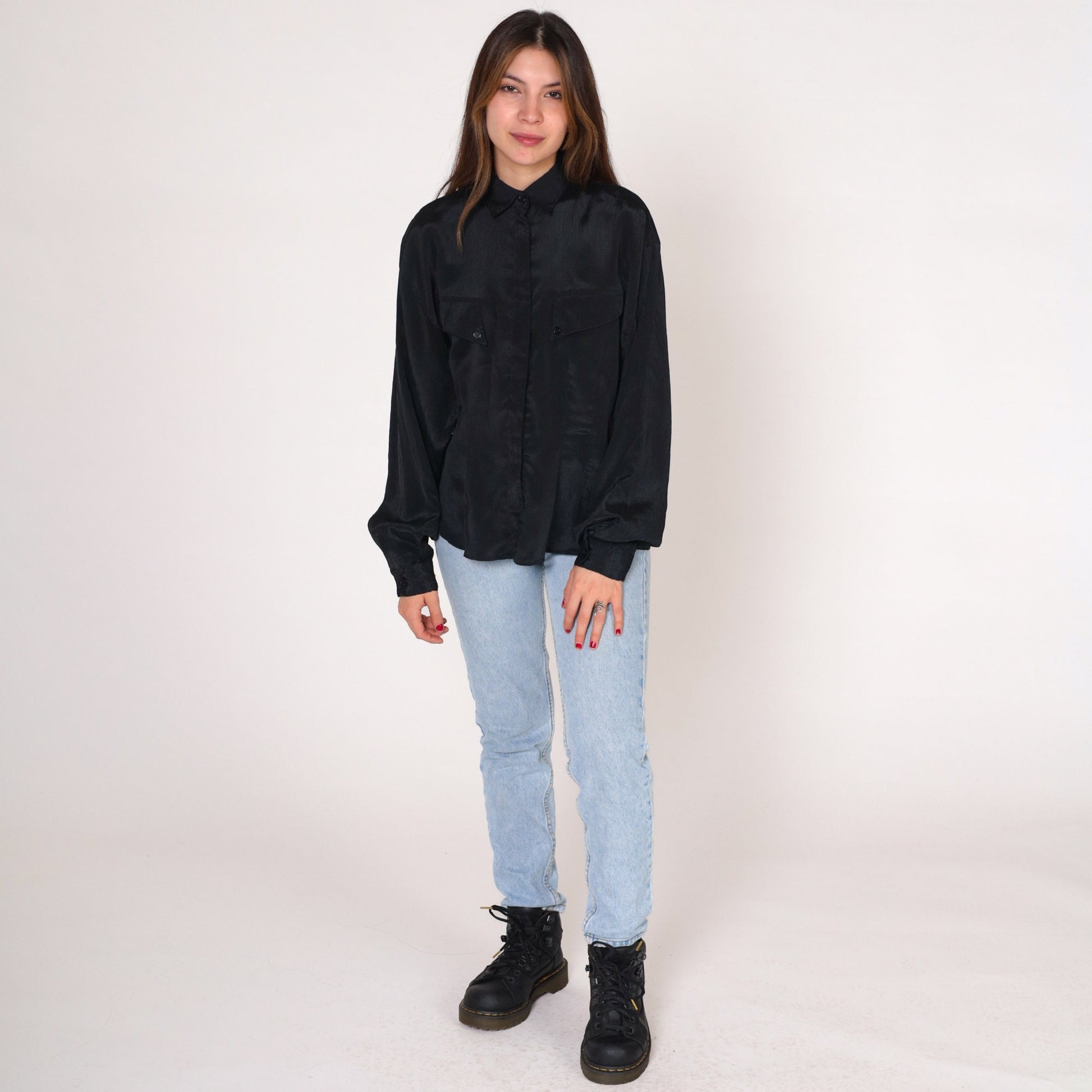 90s Forenza Black Button-Up Blouse Shiny Striped Long Sleeve Collared Medium