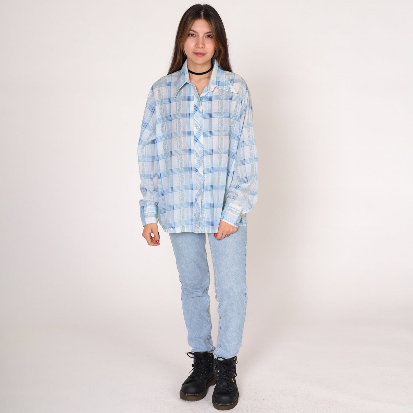 70s Checkered Floral Button-Up Blouse White Blue Plaid Long Sleeve Large L