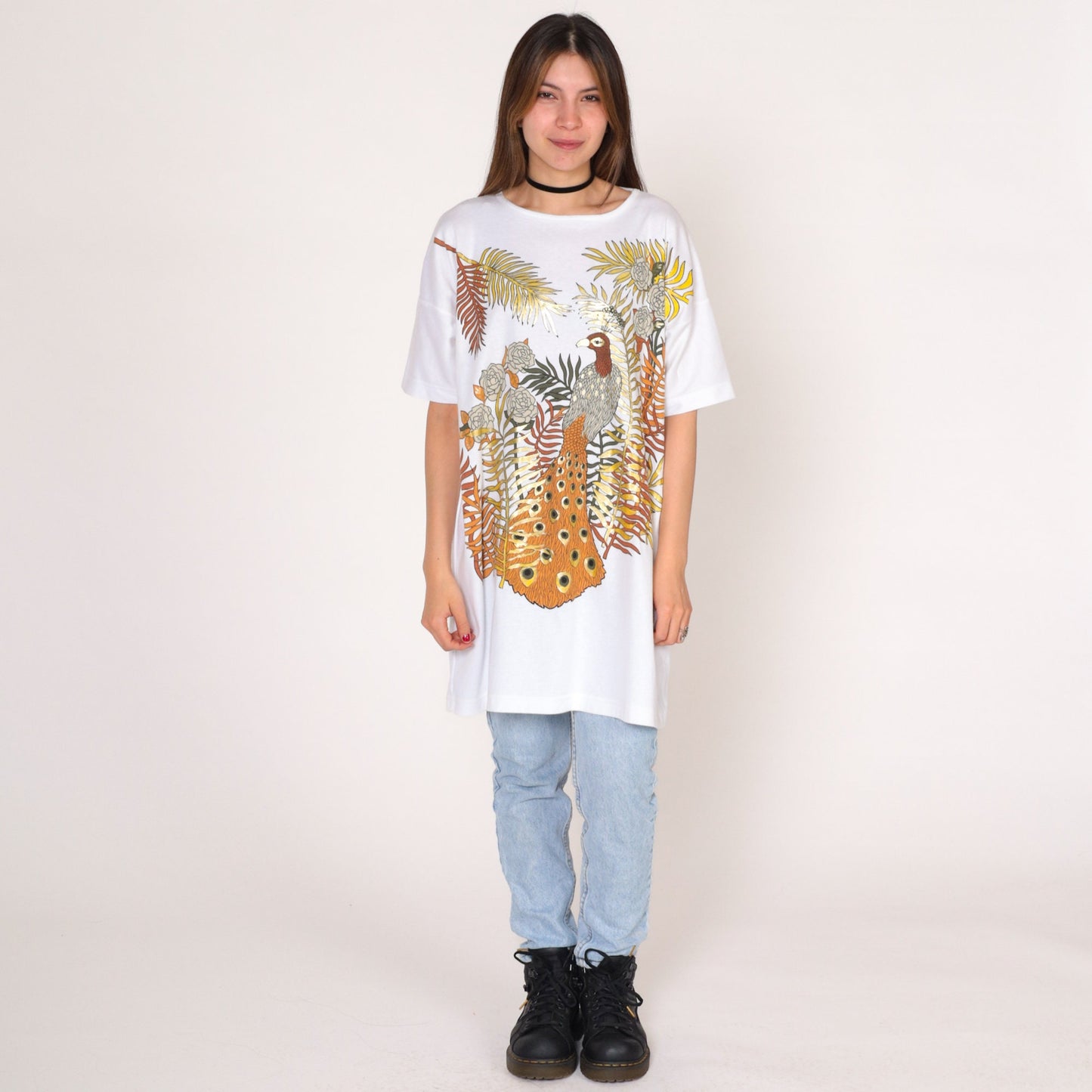 90s Peacock Metallic Gold Graphic T-Shirt Dress White Large L