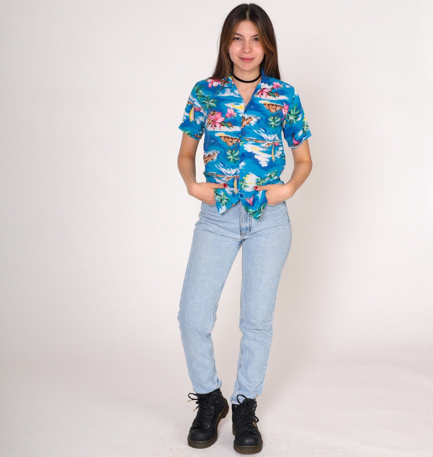 90s Blue Tropical Hawaiian Shirt Button-Up Blouse Floral Print Extra Small