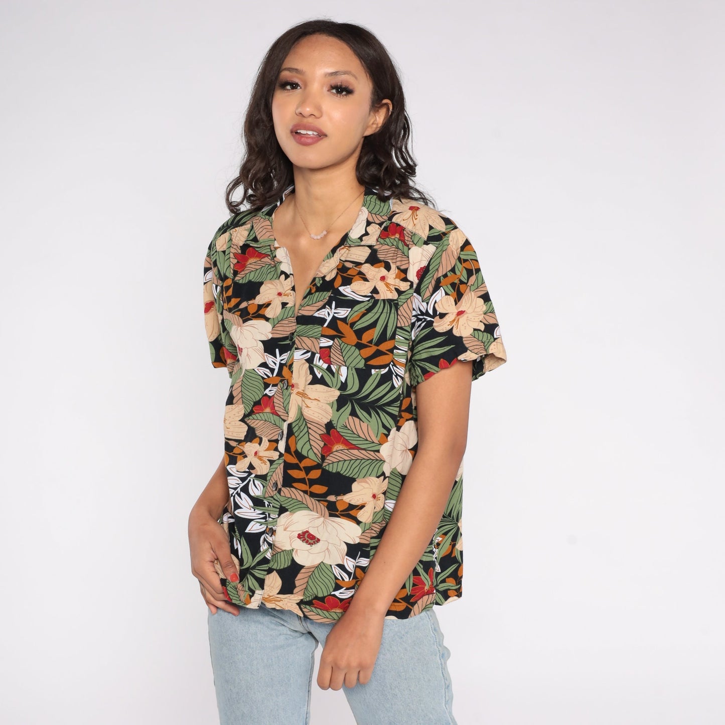 90s Tropical Floral Button Up Blouse Tan Leaf Print Short Sleeve Large L