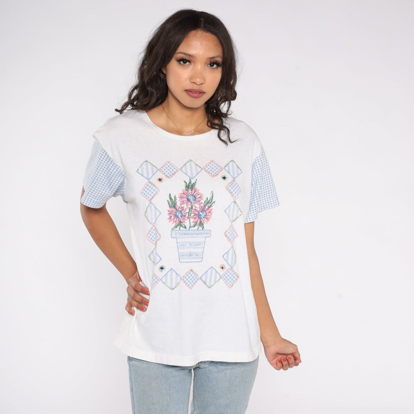 90s Floral Beaded T-Shirt White Glitter Graphic Tee Rhinestone Medium