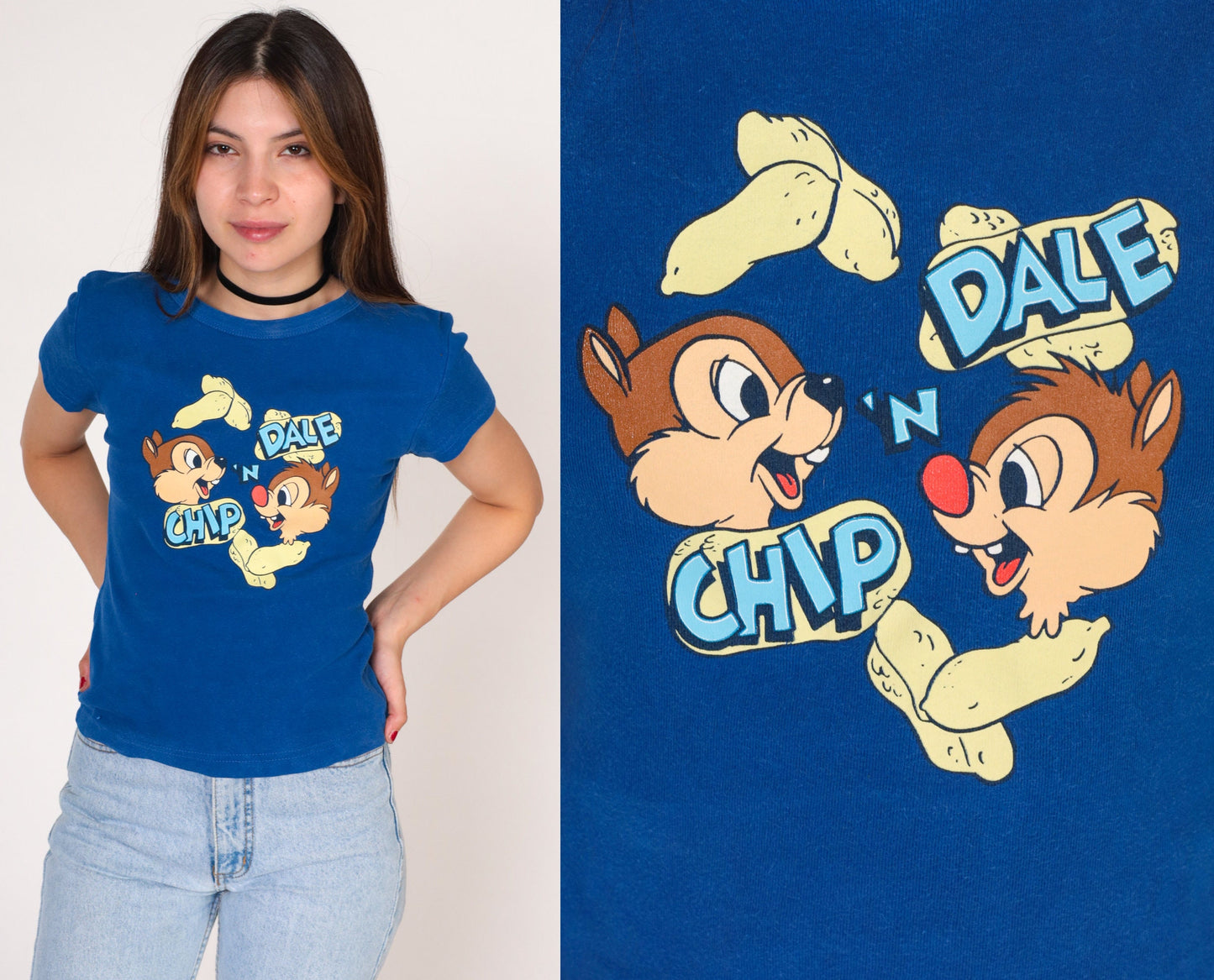 90s Chip N Dale Disney Graphic T-Shirt Blue Cotton Tee Extra Small