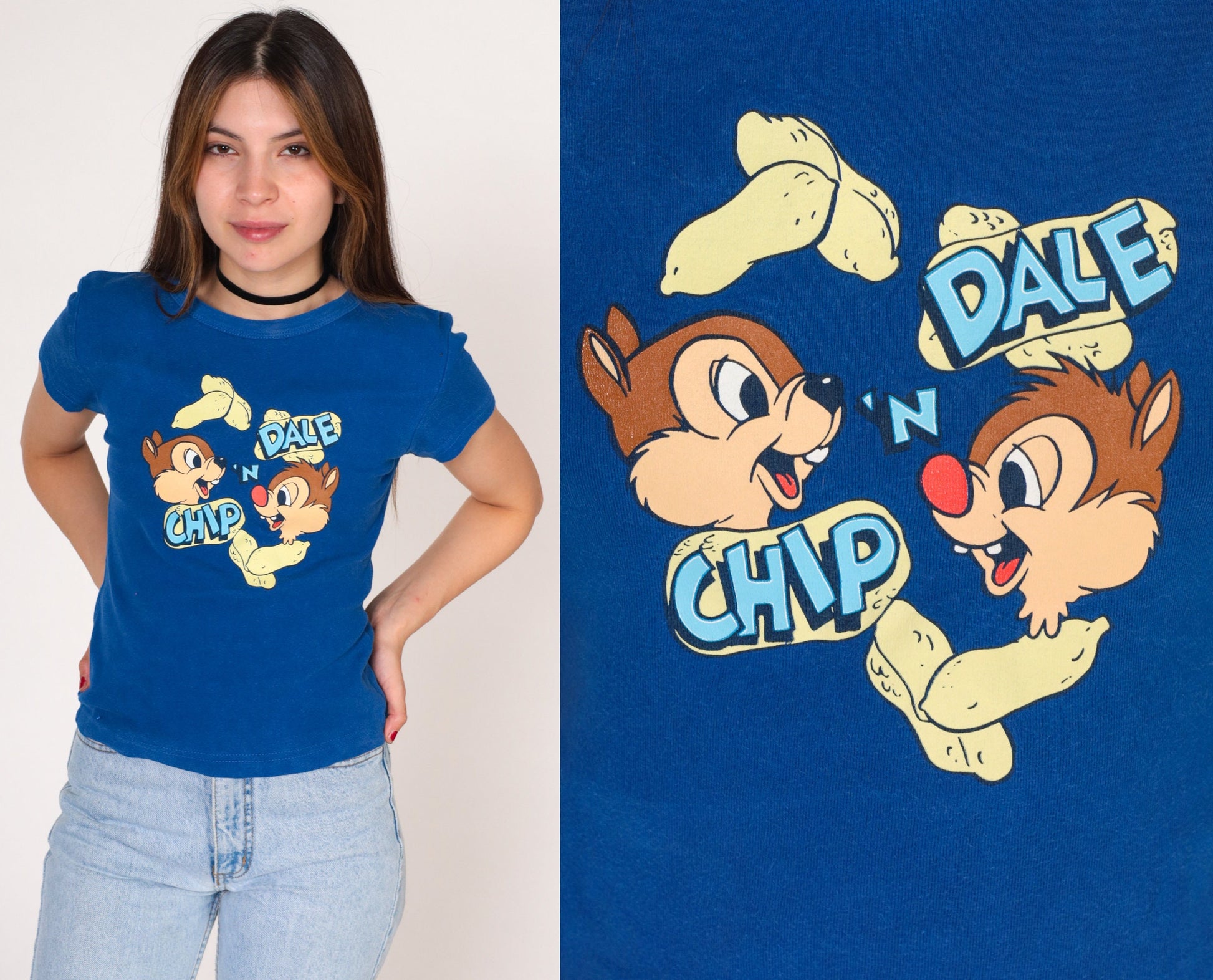 90s Chip N Dale Disney Graphic T-Shirt Blue Cotton Tee Extra Small