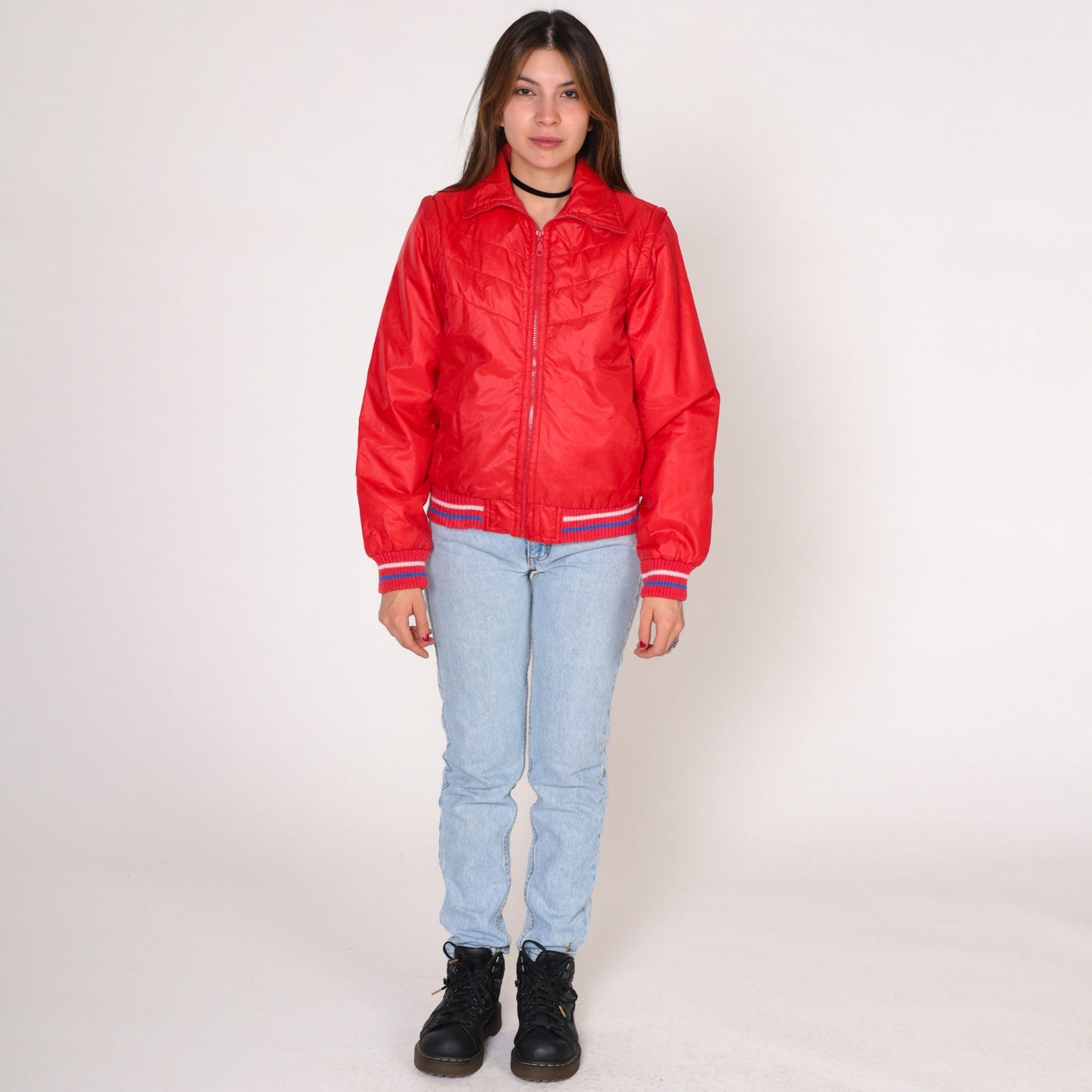 80s Red Quilted Convertible Jacket Zip-Off Sleeves Windbreaker Extra Small