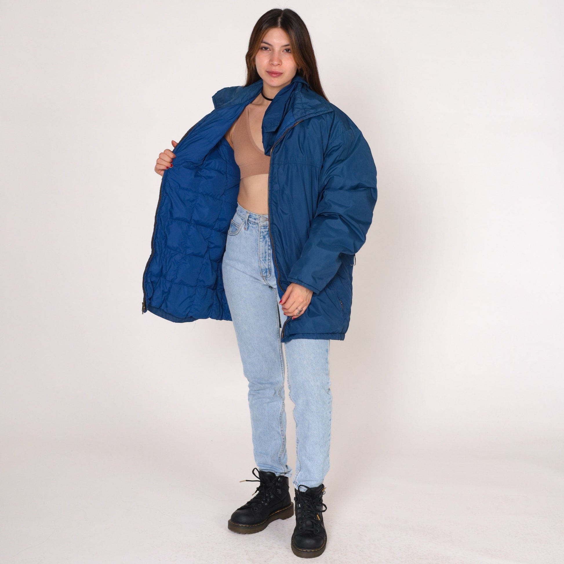 80s Tempco Blue Down Puffer Ski Jacket Hooded Zip Nylon Large L