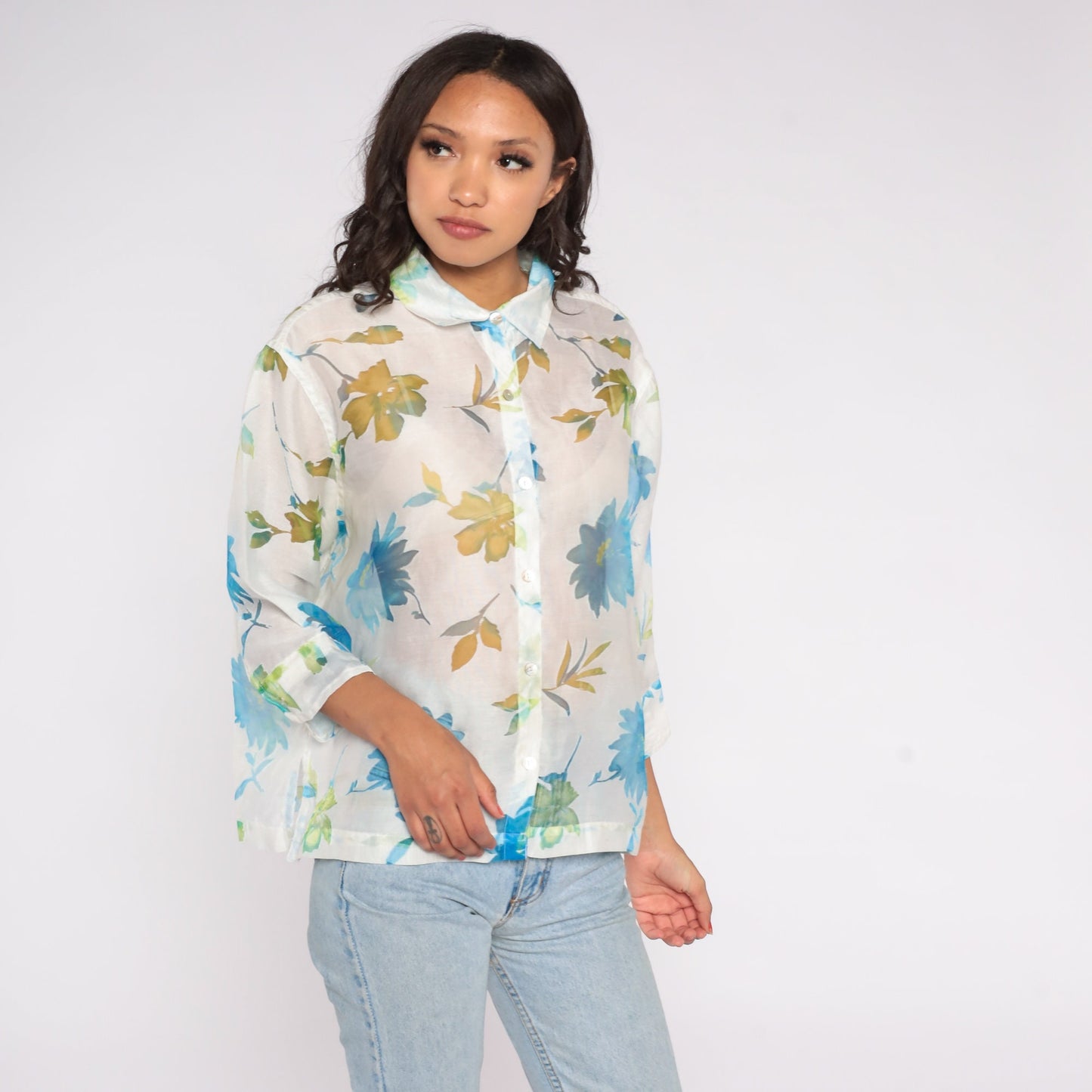 Y2K Sheer Floral White Button-Up Blouse Long Sleeve Collar Extra Large
