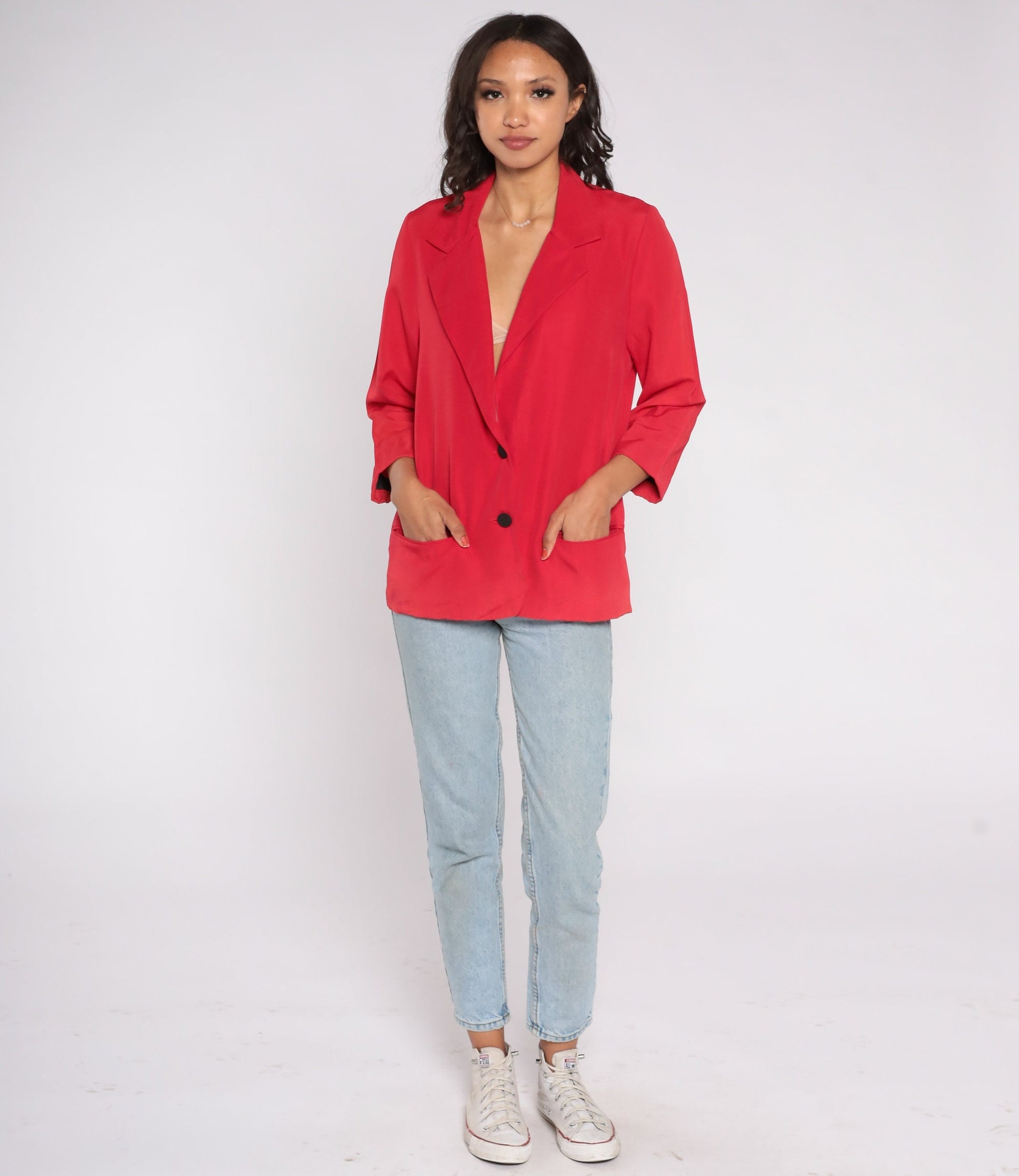 90s Casa Blanca Red Blazer Two Button Deep V Neckline Small 6