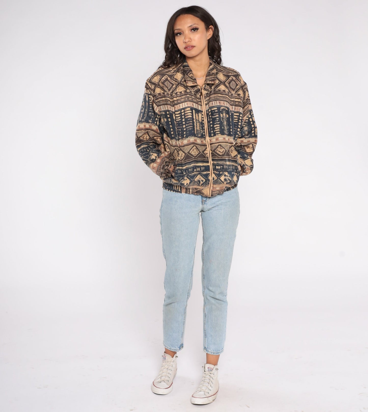 90s East West Silk Windbreaker Geometric Print Zip Jacket Small