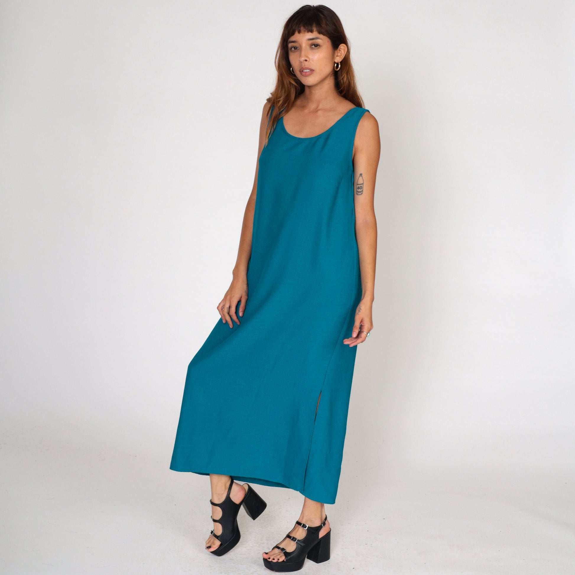 90s Blue Sleeveless Maxi Dress Side Slit Shift Ankle Length Medium