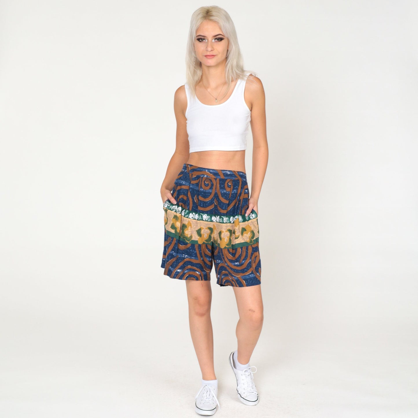 90s Rayon Floral Swirl Print Pleated Shorts High Waist Wide Leg Large 12