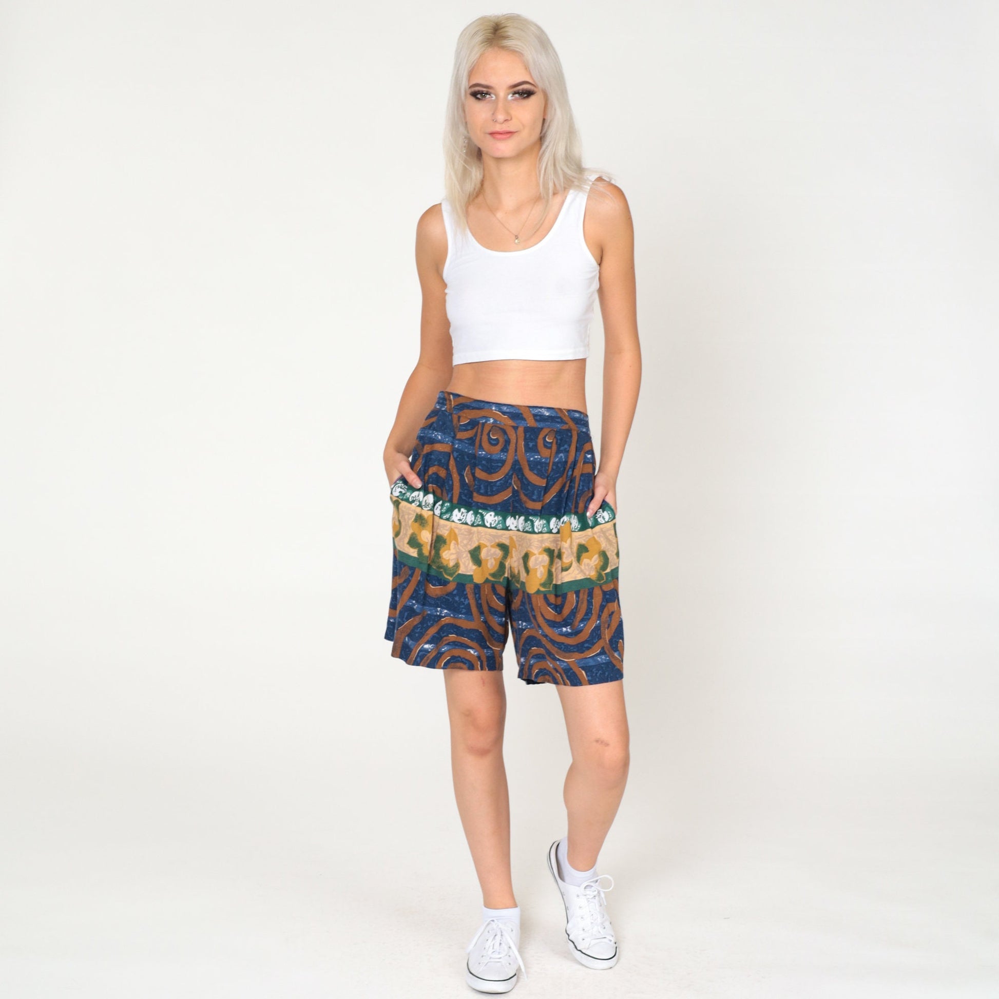 90s Rayon Floral Swirl Print Pleated Shorts High Waist Wide Leg Large 12