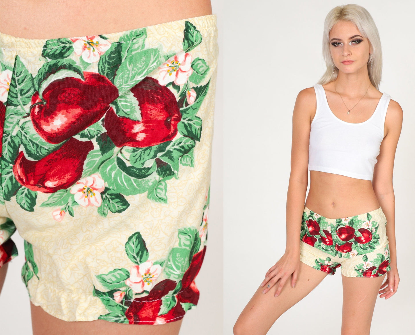 80s Yellow Apple Print Shorts Low Rise Hotpants Extra Small XS