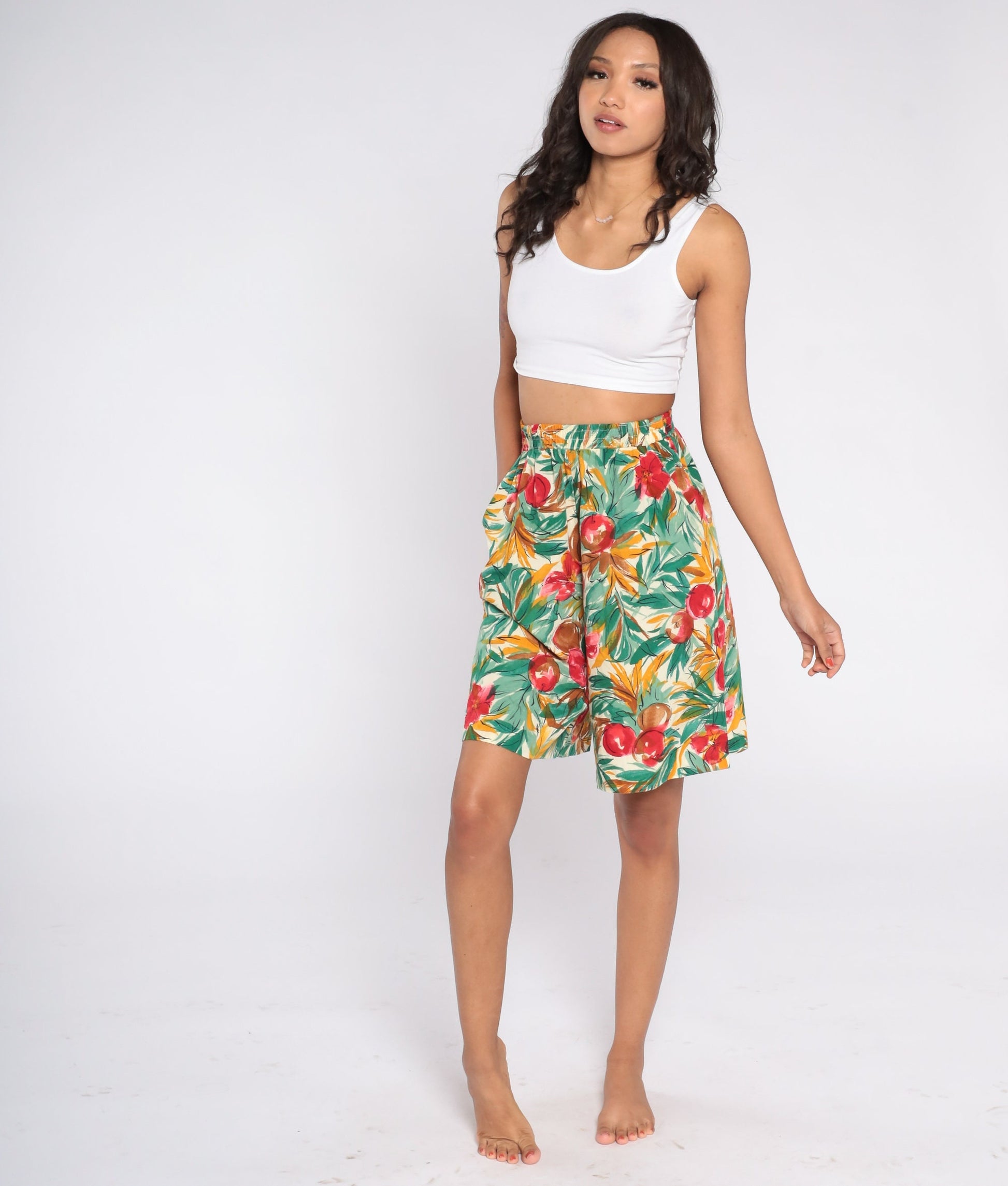 90s Fruit Floral Print Pleated Shorts High Waist Wide Leg Small S