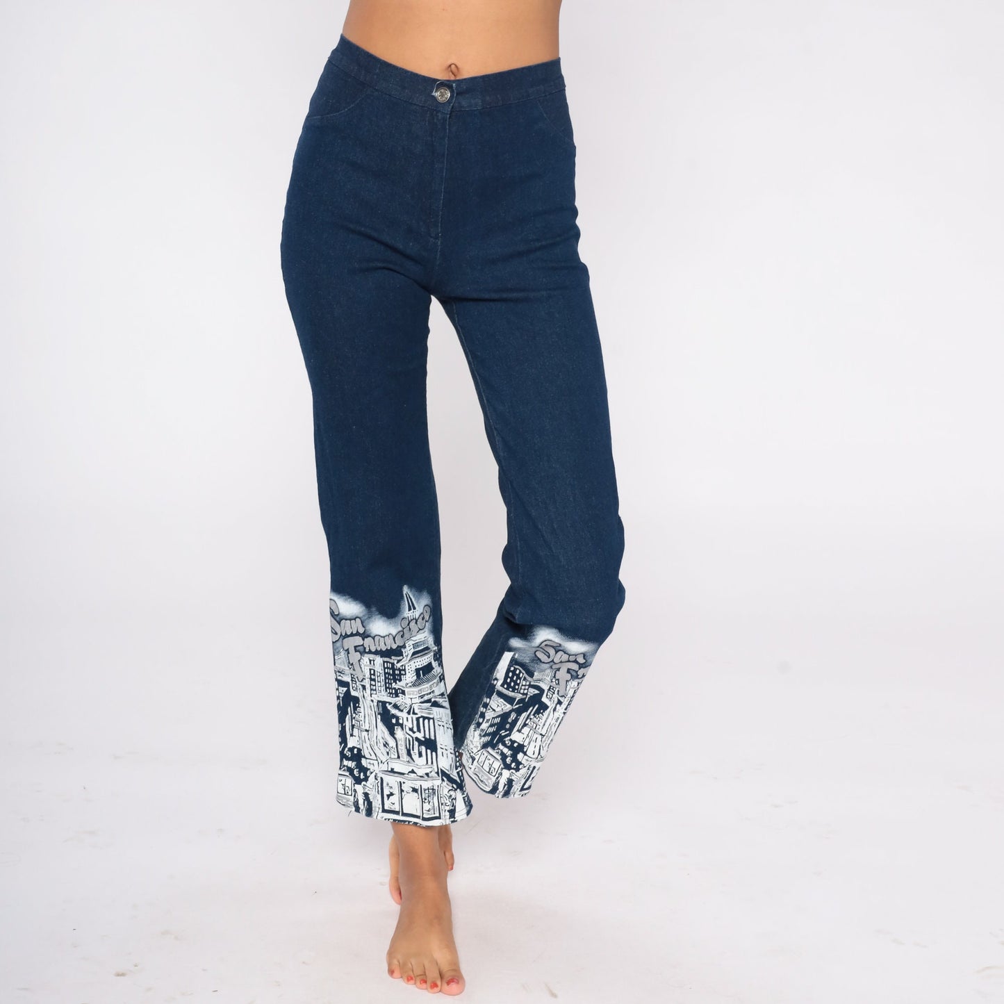 Y2K San Francisco Airbrushed Glitter Jeans Blue Denim Mid Rise Extra Small