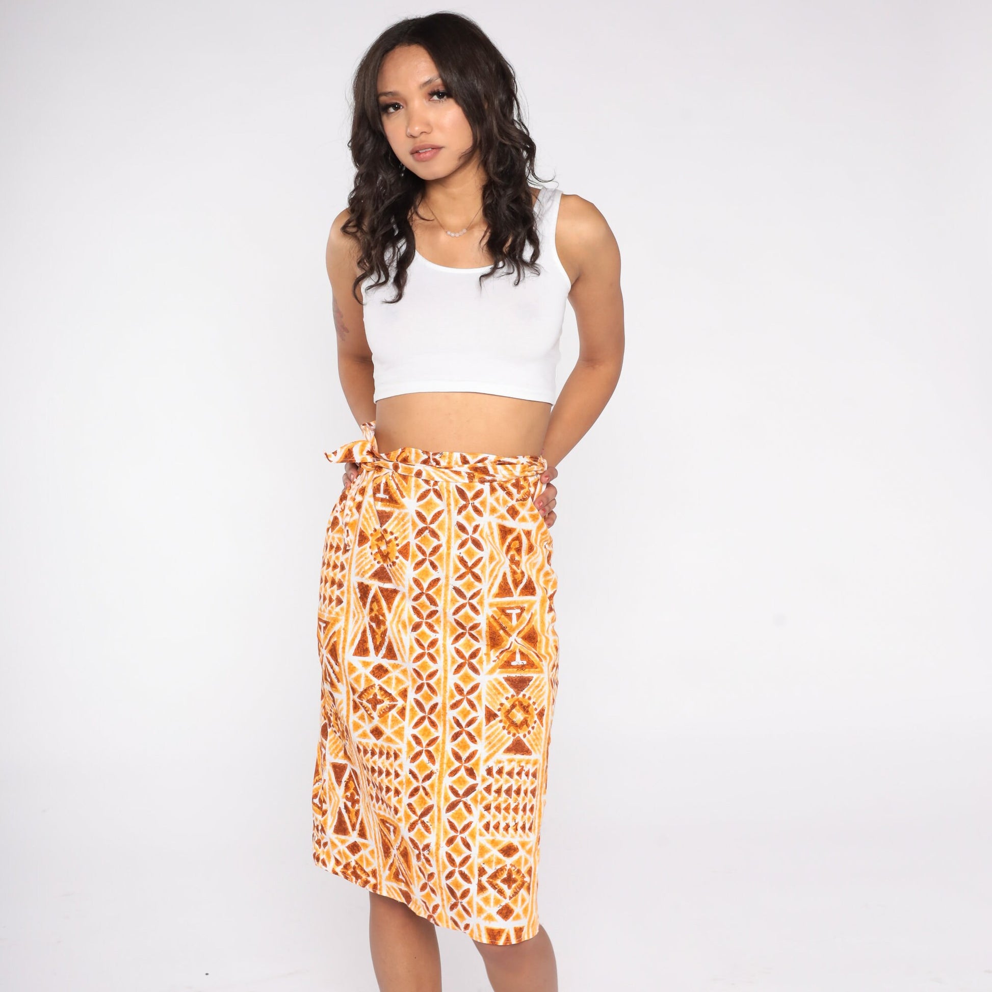90s Geometric Stamp Print Wrap Skirt Knee Length Orange Extra Small XS