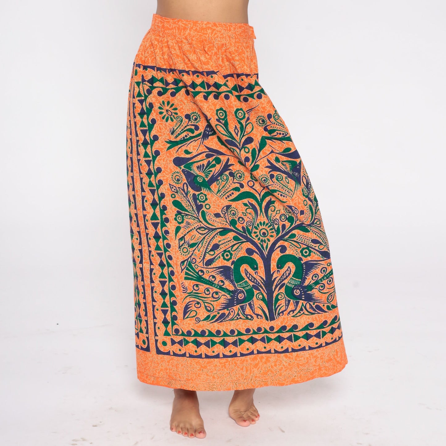 00s Tree of Life Bird Print Maxi Skirt Orange Floral Cotton Small