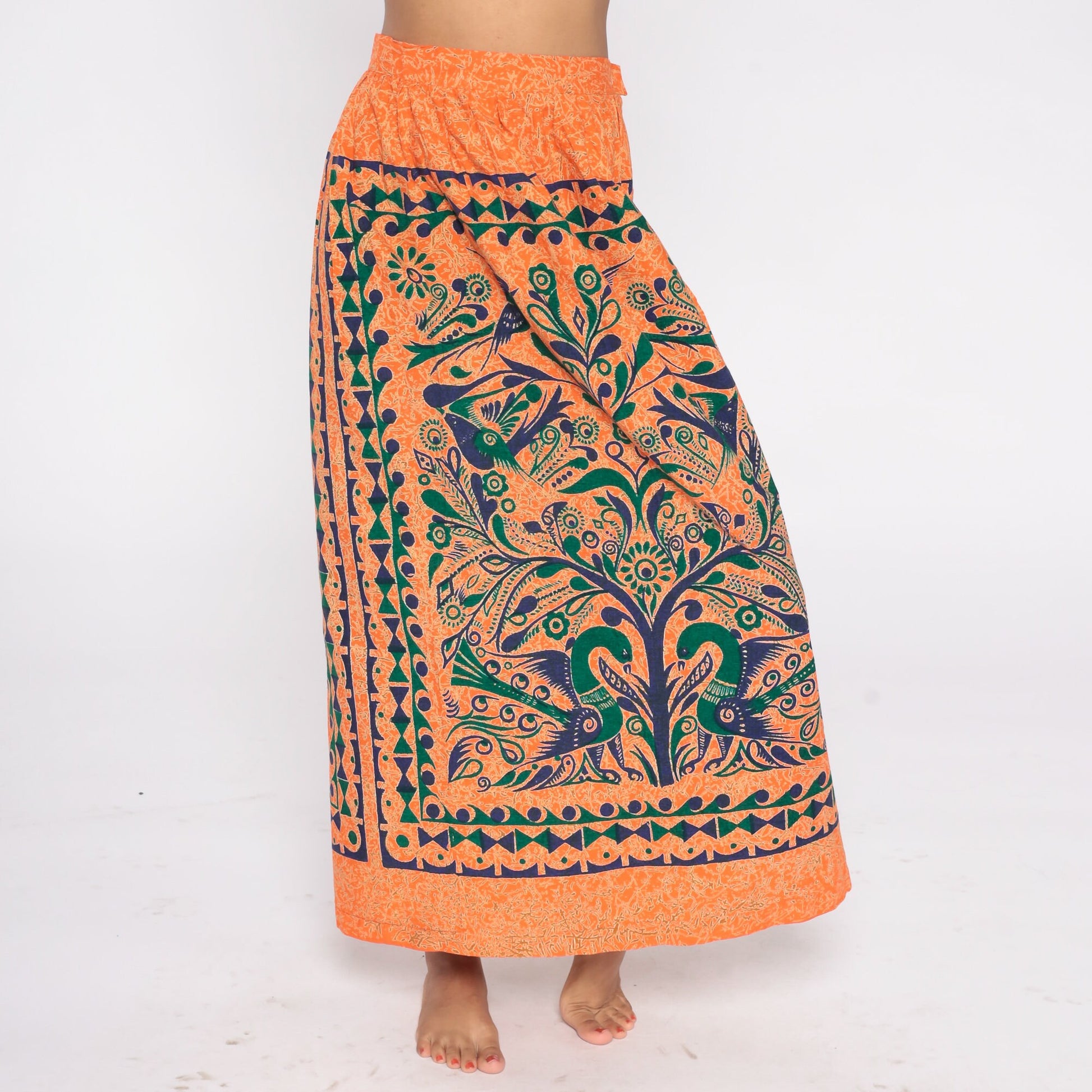 00s Tree of Life Bird Print Maxi Skirt Orange Floral Cotton Small