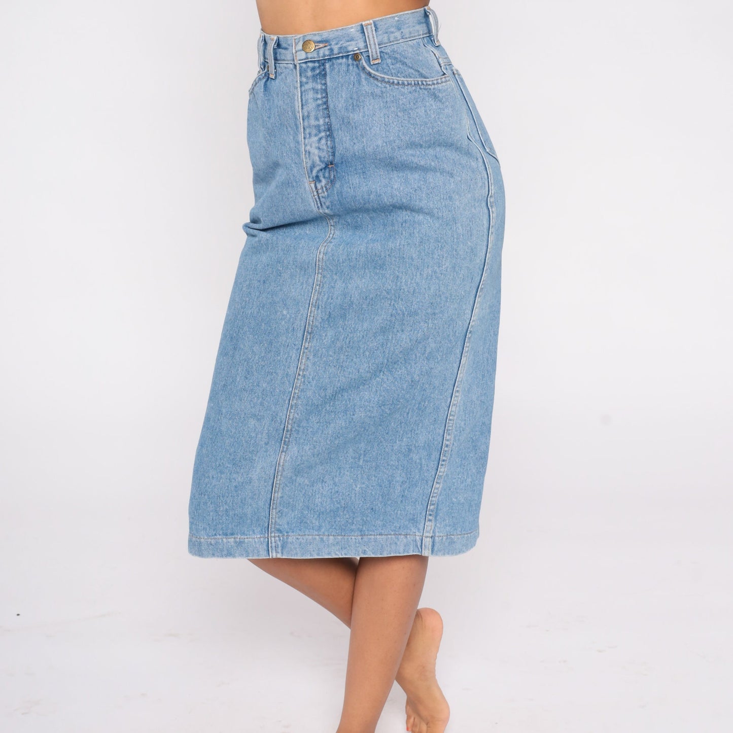90s Blue Denim Midi Pencil Skirt High Waist Rear Slit Extra Small XS