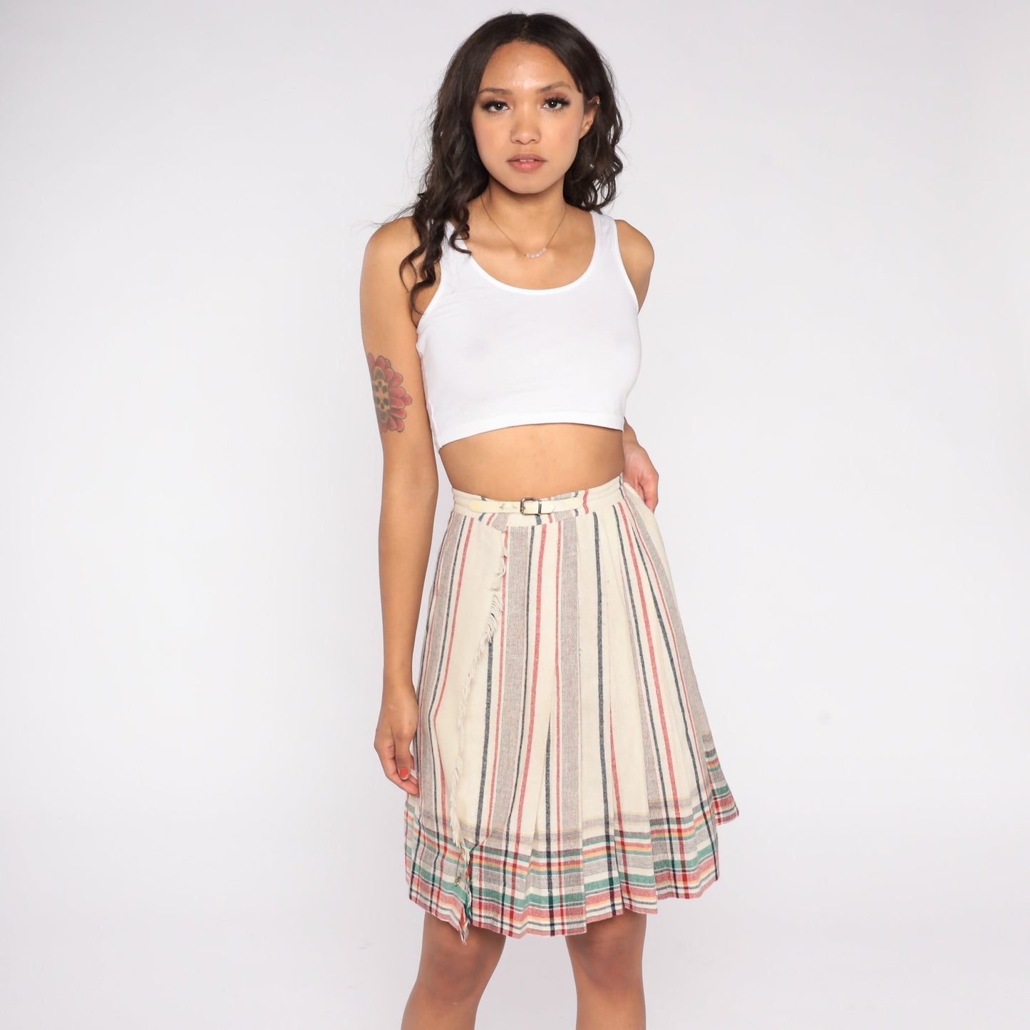 80s Plaid Wool Blend Mini Skirt High Waisted Buckle Strap Pleated XS