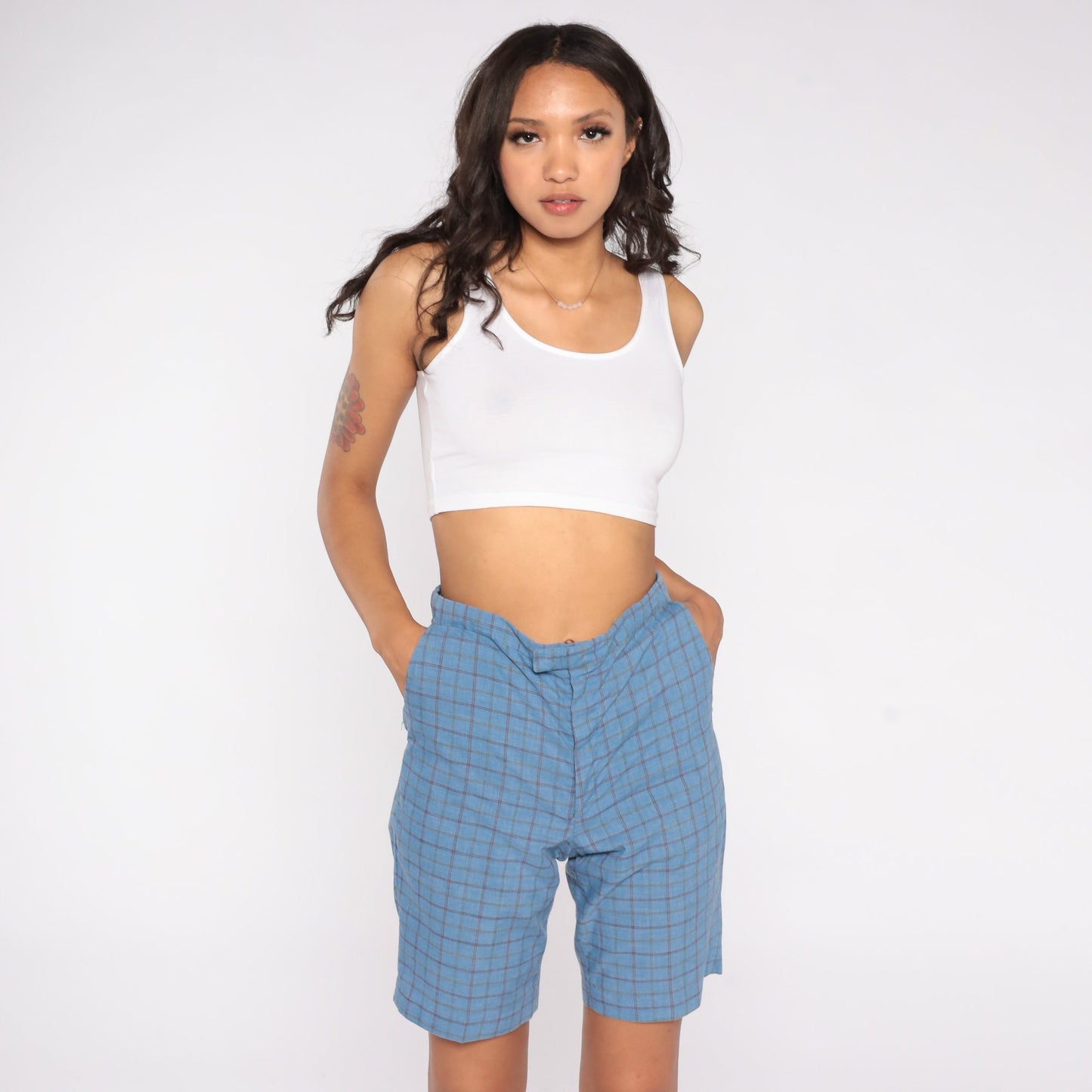 70s Blue Checkered Bermuda Shorts Knee Length Mid Rise Small