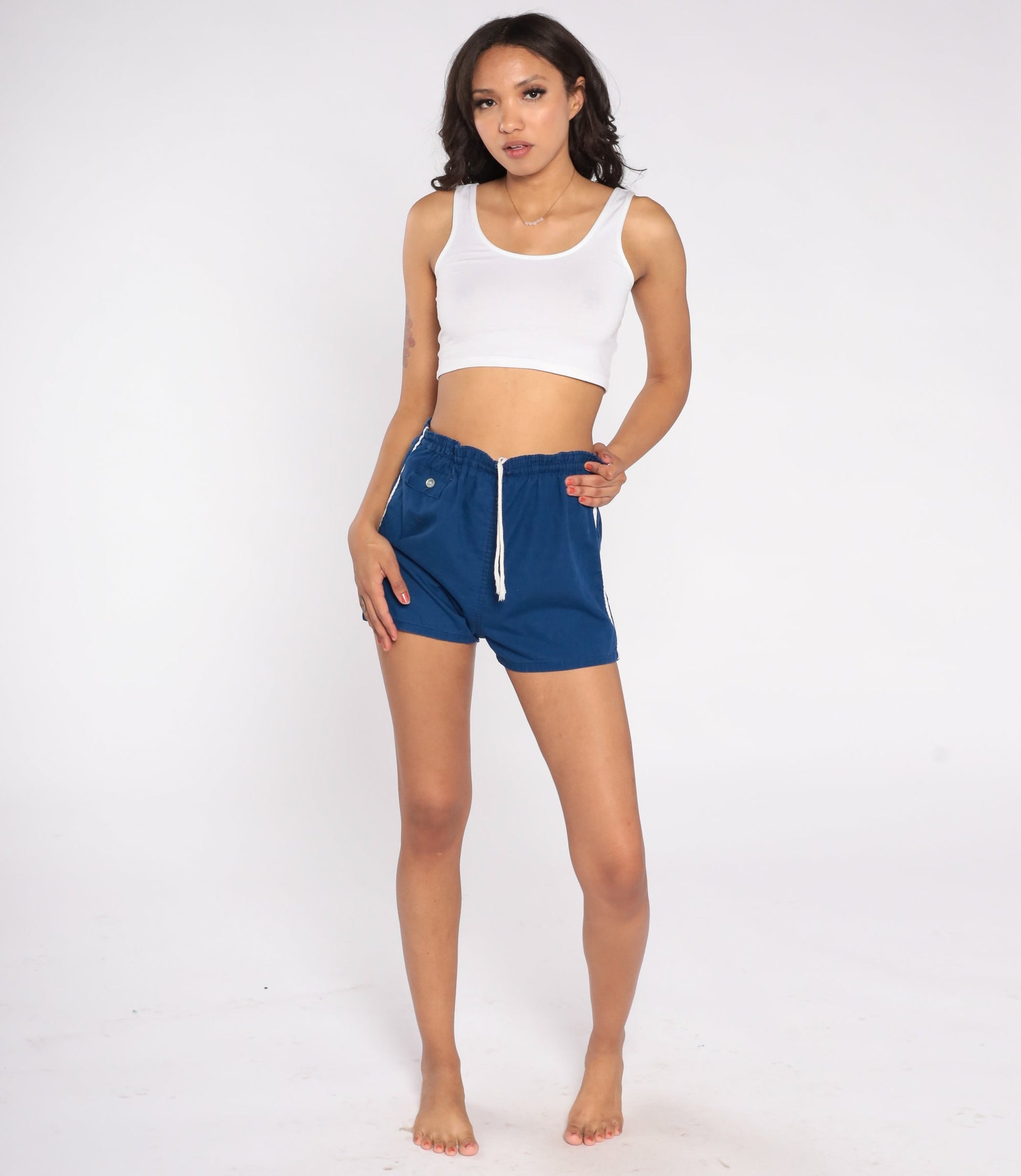 80s Blue Cotton Running Shorts High Rise Drawstring Waist Medium