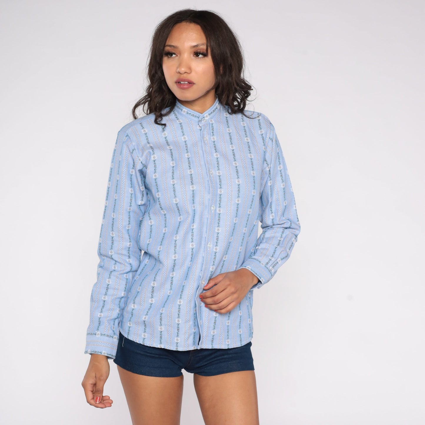 70s Blue Striped Floral Ribbon Print Button-Up Shirt Banded Collar Medium