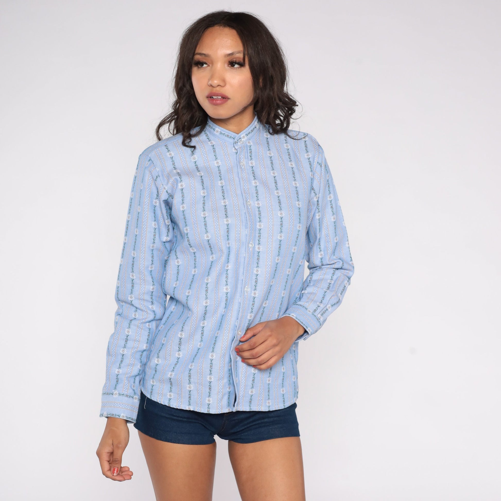 70s Blue Striped Floral Ribbon Print Button-Up Shirt Banded Collar Medium