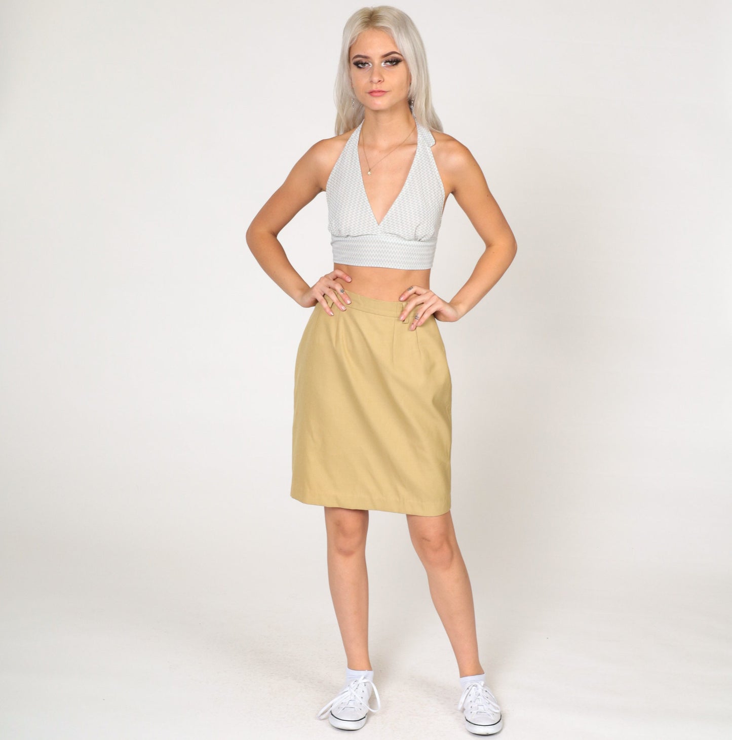80s Tan Pencil Skirt High Waist Mini Rear Zip Small